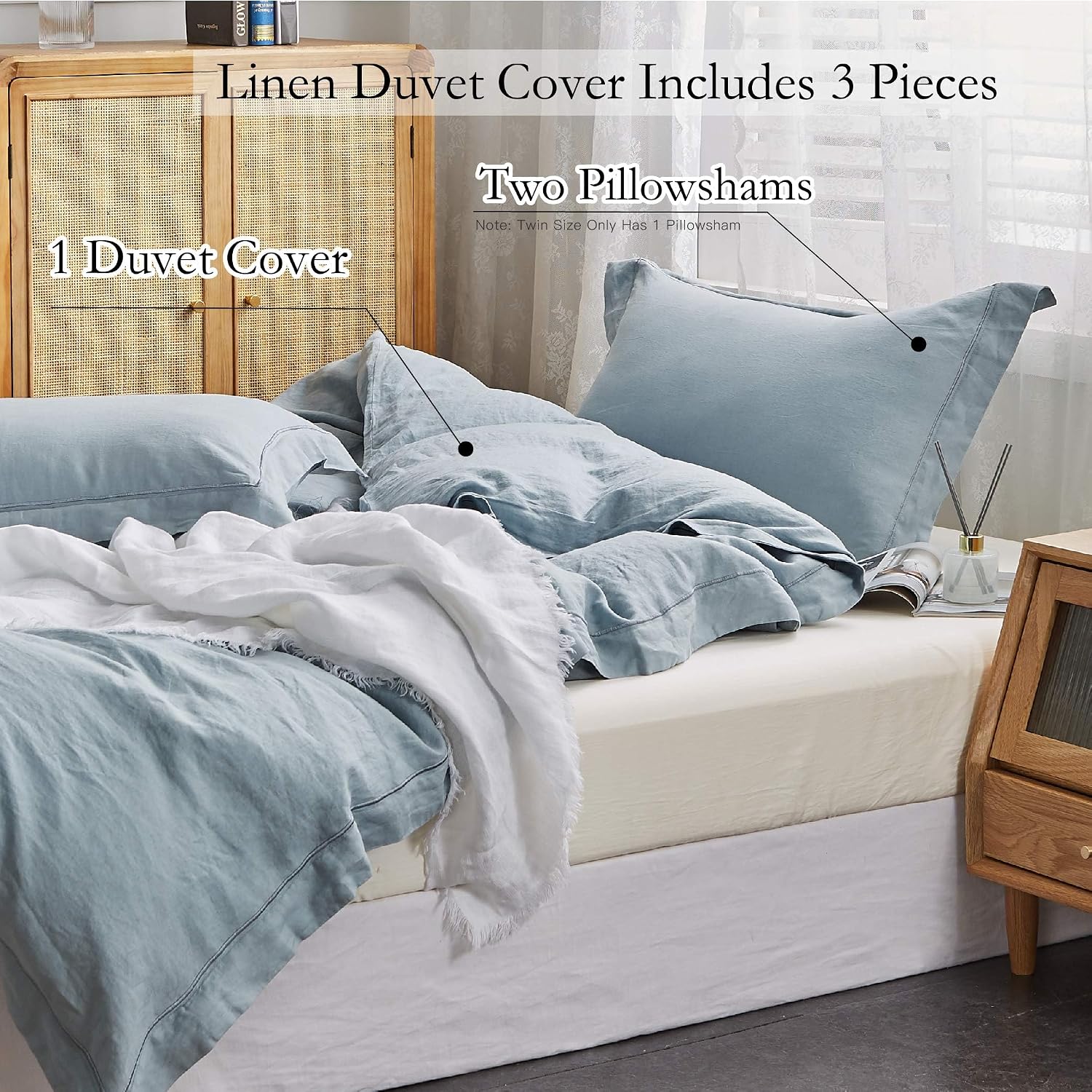 Simple&Opulence 100% Washed Linen Duvet Cover Set with Embroidered,3 Pieces Soft Farmhouse Comforter Set with Button Closure…