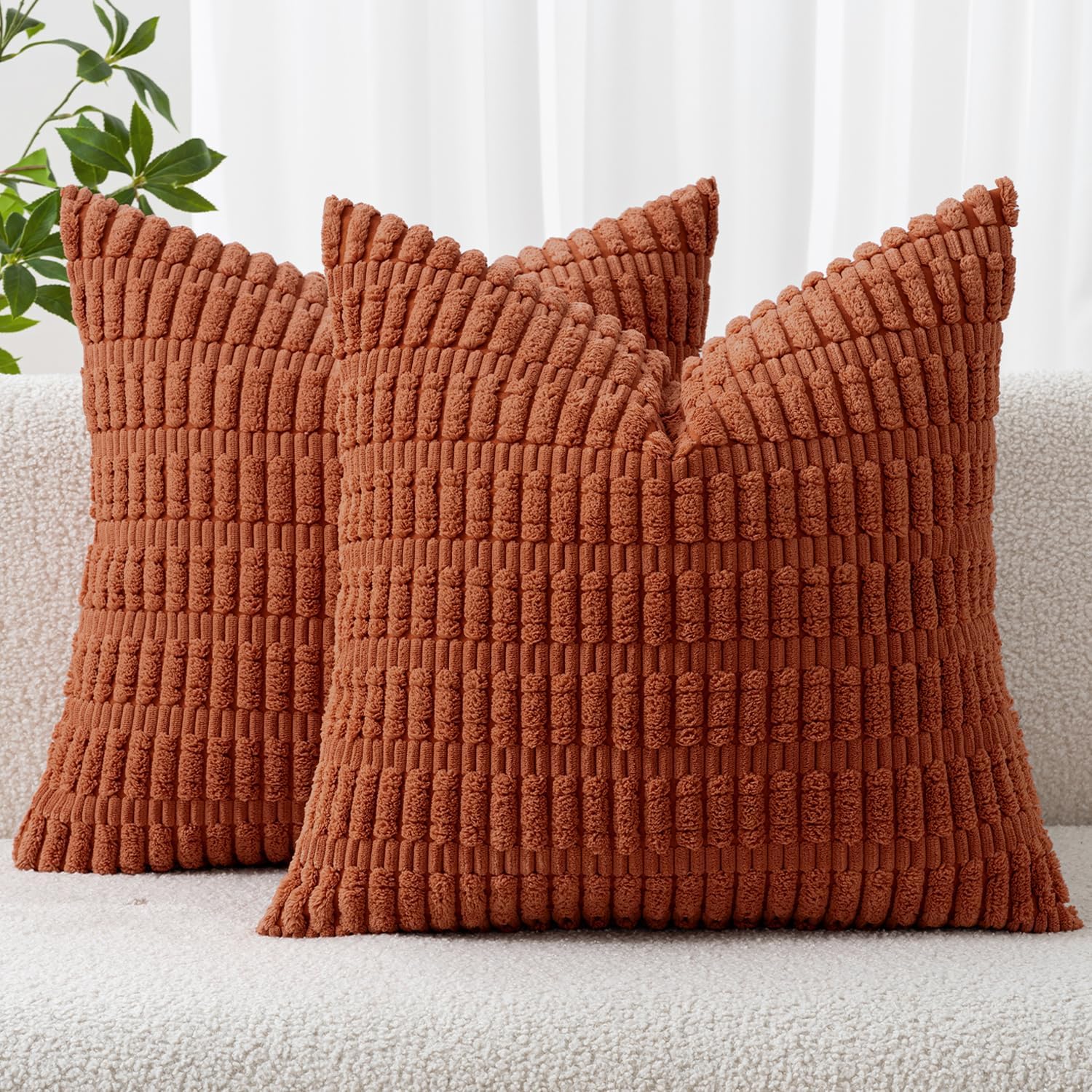 Miulee Pack of 2 Rust Corduroy Decorative Pillow Covers 20x20 Inch Soft Boho Striped Throw Pillow Covers Modern Farmhouse Home Decor for Su…