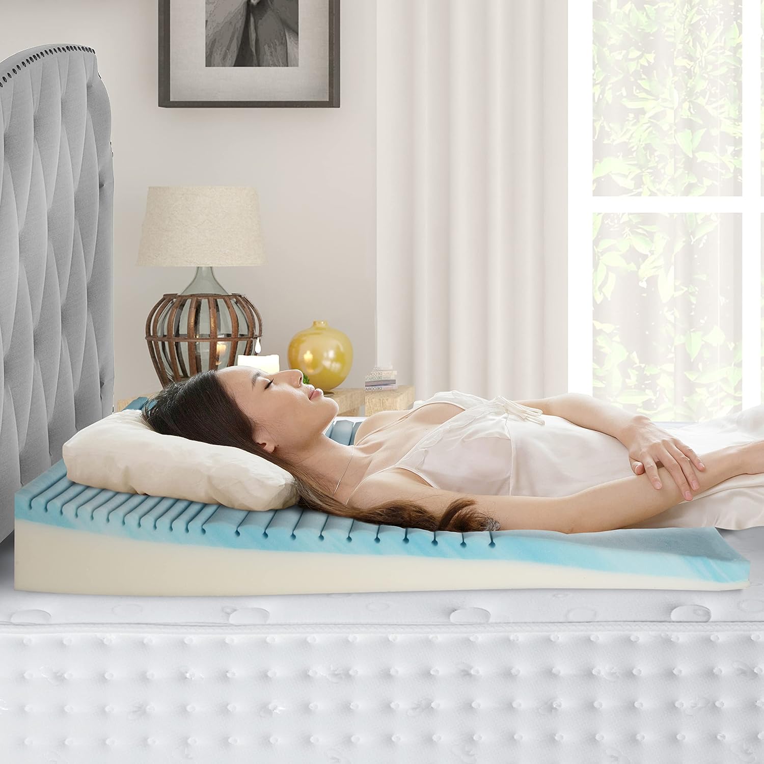 Boyd Sleep Gel Cooling Memory Foam Wedge Pillow – Dual Foam Bed Wedge, 4" Incline, GelLux Ventilation, Acid Reflux & Snoring Relief, 43"…