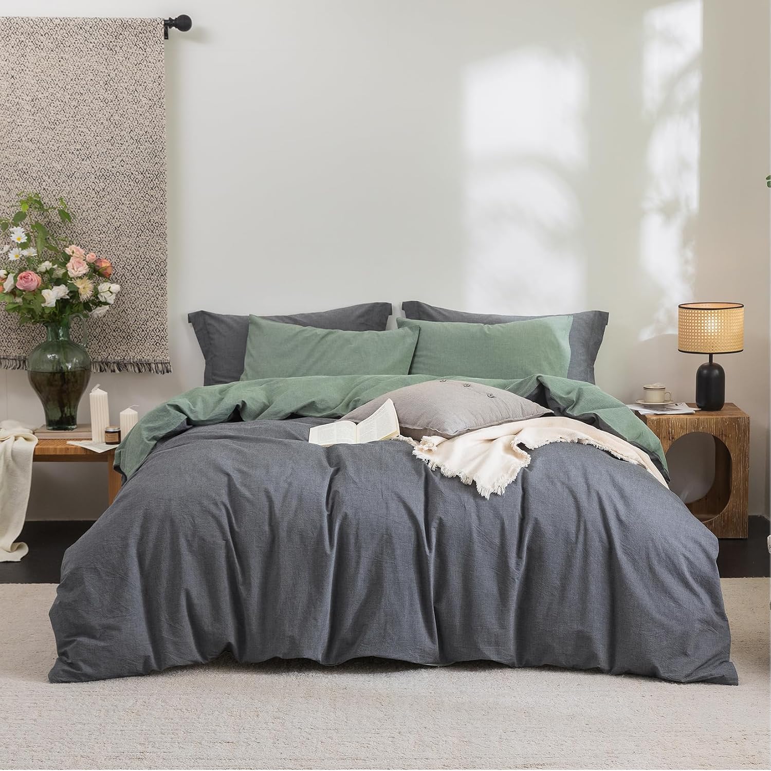 Bdear 3 Pieces Reversible Duvet Cover Set King Size 104''W x 90''L, 100% Washed Cotton Duvet Cover with Zipper Closure Plus 2 Pillowcases,…