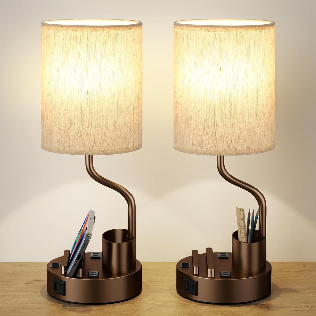 Bedside Table Lamps for Bedroom Set of 2 - Nightstand Lamp with AC Outlet Charging Port and USB A C, 3 Color Temperatures, Included Phone…