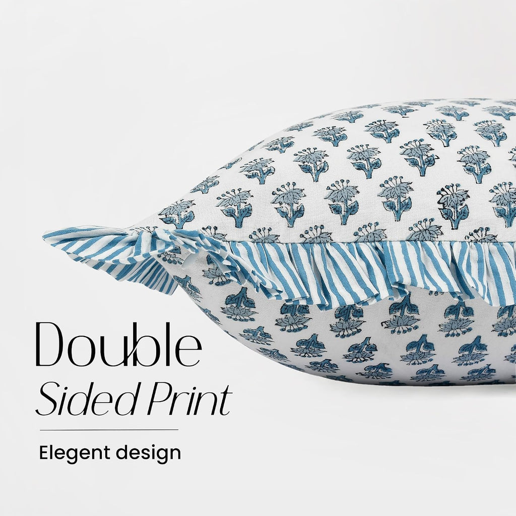 Cottonprintclub CPC Hand Block Print Apatite Blue Ruffle Sham Pillow Cover 36" x 14" inch Hidden Zipper Decorative Pillowcase for Couch, Be…