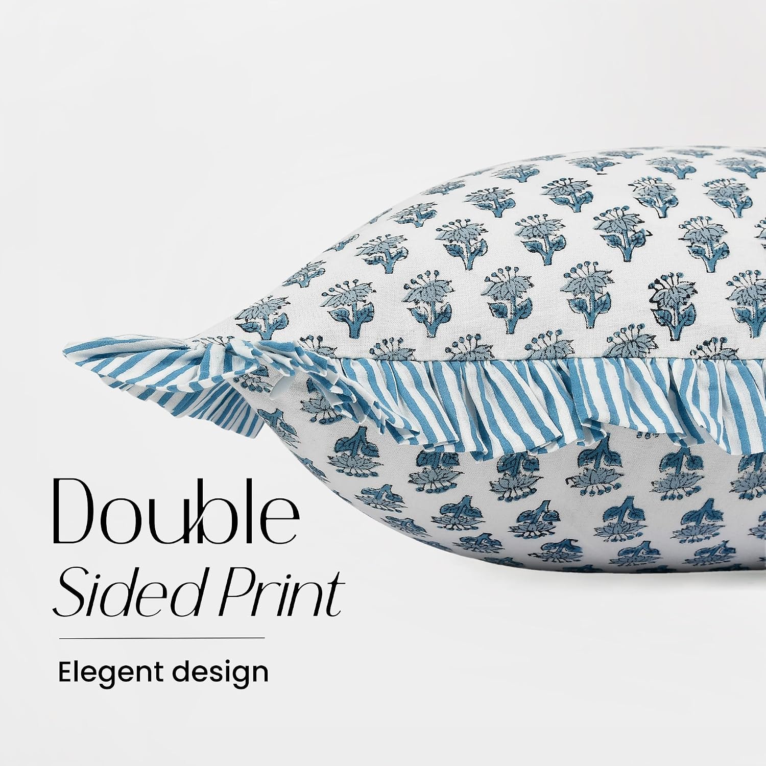 Cottonprintclub CPC Hand Block Print Apatite Blue Ruffle Sham Pillow Cover 36" x 14" inch Hidden Zipper Decorative Pillowcase for Couch, Be…