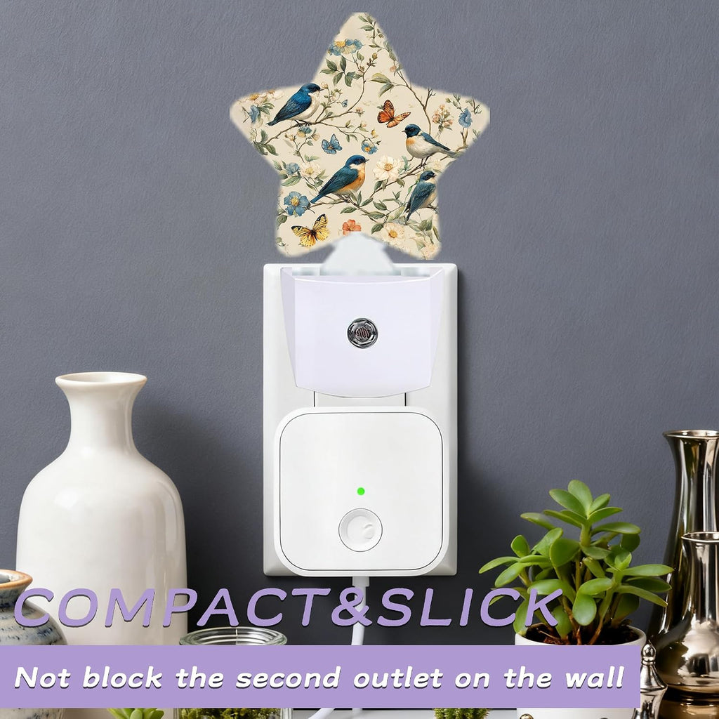 Birds Butterfly Decorative Nightlight Plug in Wall, Watercolor Floral Star Shaped Night Light with Built in Sensor for Home Decor, Kitchen…