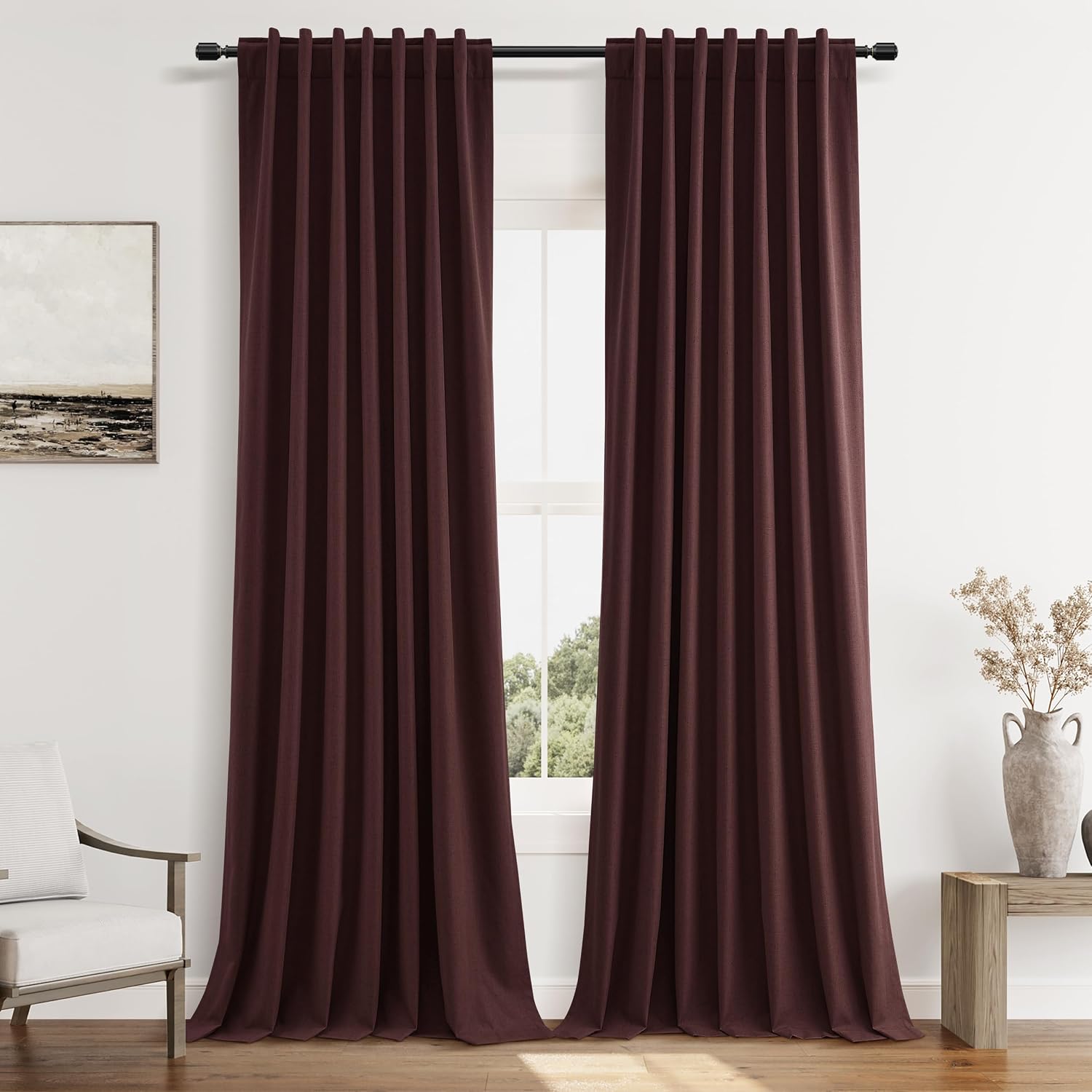 Guken Reddish Brown 100% Blackout Linen Curtains 120 Inch Length 2 Panels Set for Living Room Bedroom Back Tab/Rod Pocket Thermal Insulated…