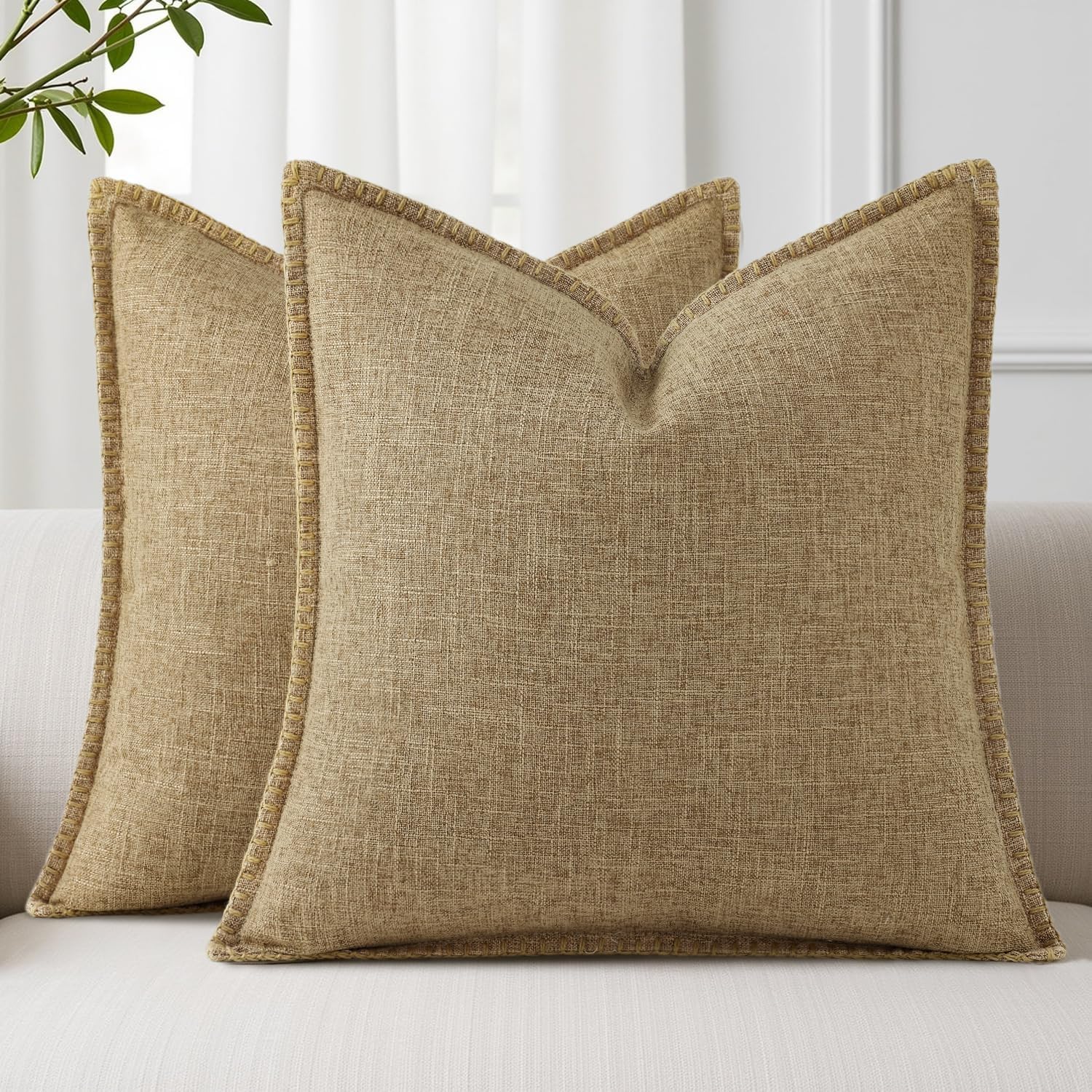 decorUhome Summer Decorative Throw Pillow Covers 26x26 Set of 2 Square Faux Linen Farmhouse Euro Sham Pillow Covers with Stitched Edge…