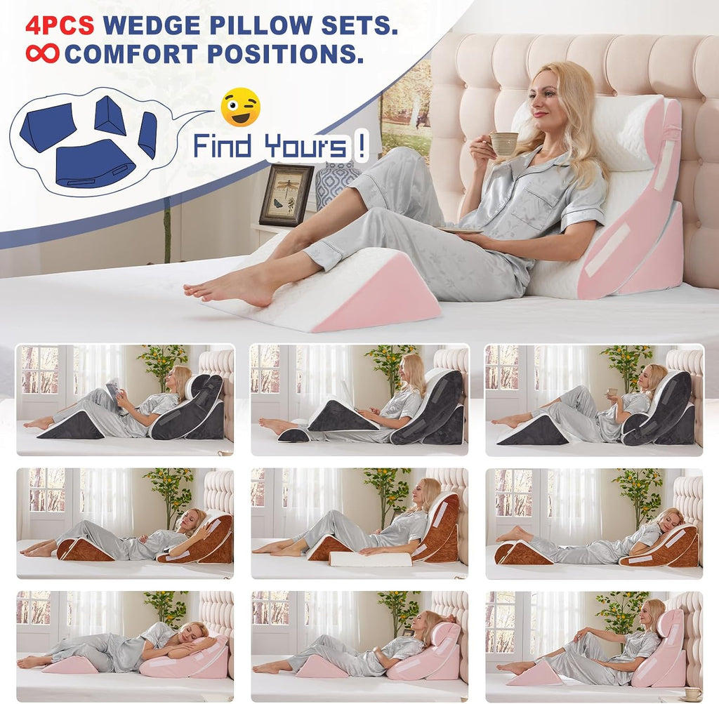 Wsofrlac 4PC Geriatric Wedge Pillow System - Elderly Bed Wedges for Sitting/Sleeping, Post Surgery Body Positioner with Non-Slip Base (Idea…