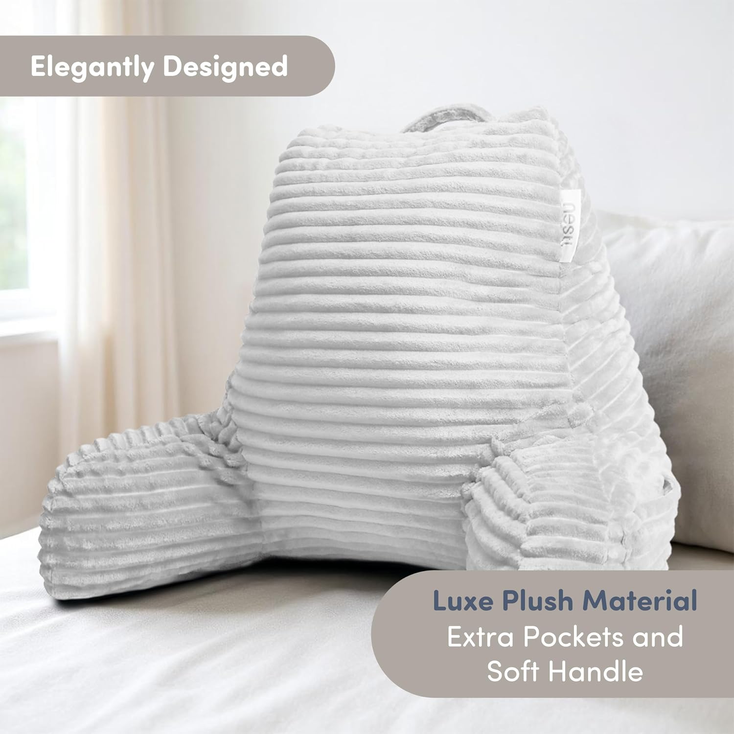 Nestl Reading Pillow with Shredded Memory Foam, Luxe Cut Plush Back Pillow for Sitting Up in Bed, Back and Arms Adjustable Support for…