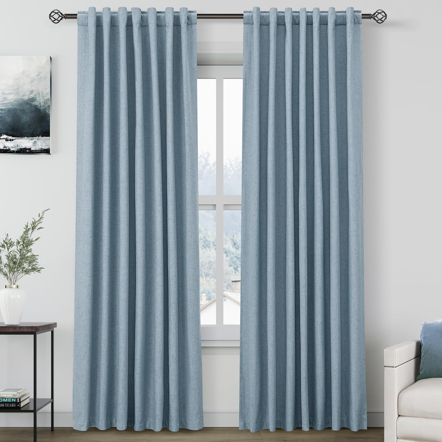 Nanspring Blue 100% Blackout Linen Curtains 84 Inch Length 2 Panels Set for Bedroom Back Tab Luxury Modern Farmhouse Decor Black Out Curtai…