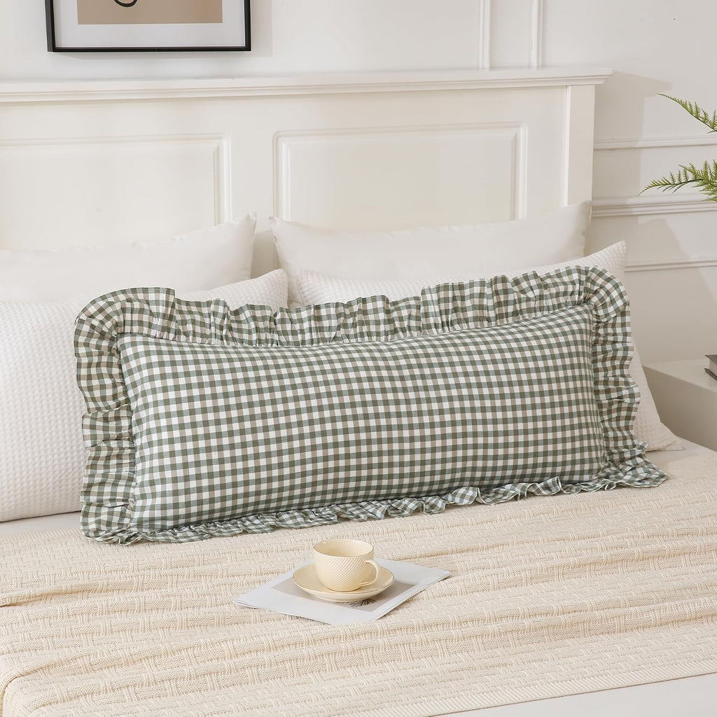 Qilunn 14x36 inches Sage Green Plaid Ruffle Lumbar Pillow Sham 1 Piece, Pure Cotton Gingham Decor Pillowcase French Country Vintage Cushion…