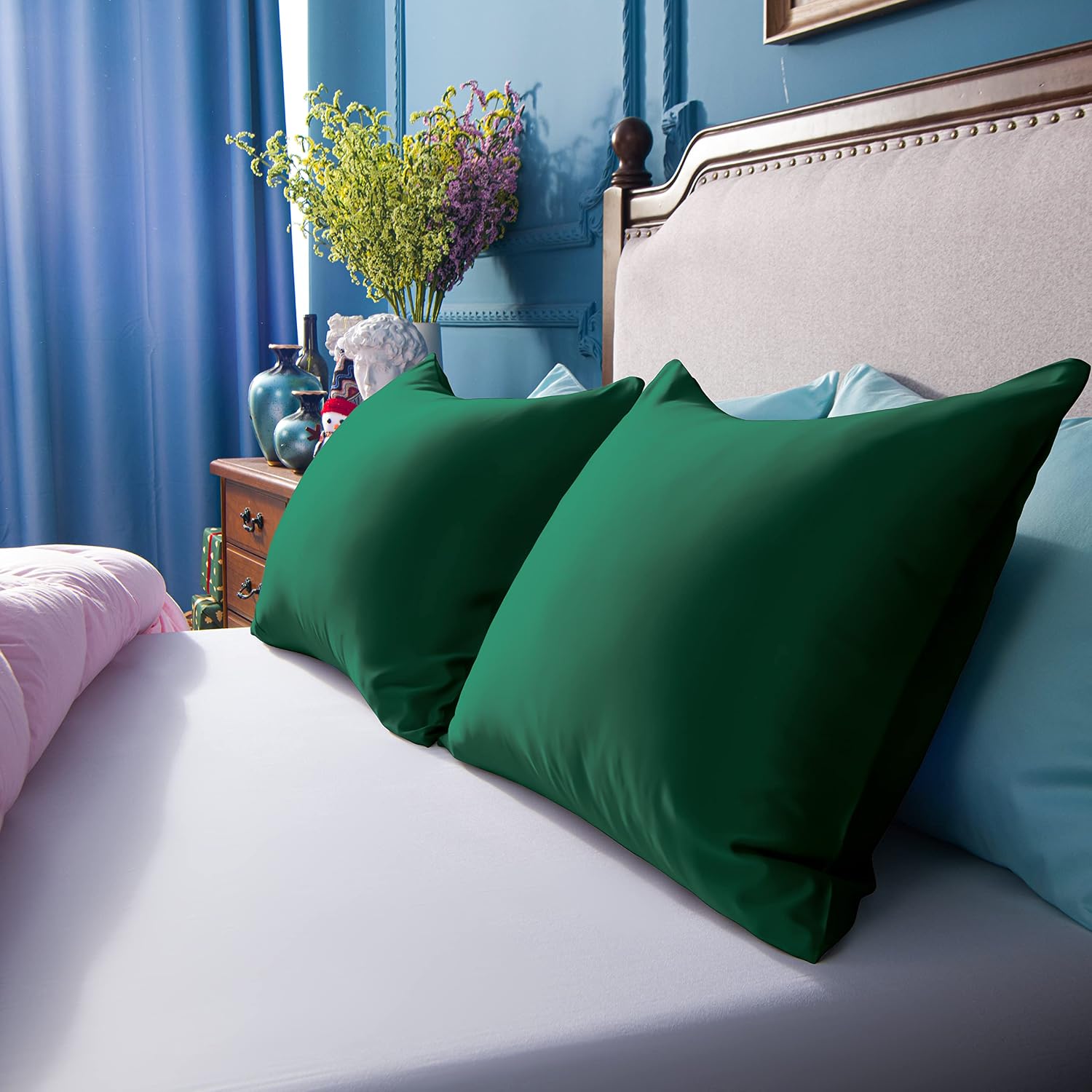Ntbay Zippered Satin Pillow Cases for Hair and Skin, Luxury King Hidden Zipper Pillowcases Set of 2, 20x36 Inches, Dark Green 36 Inches Gre…
