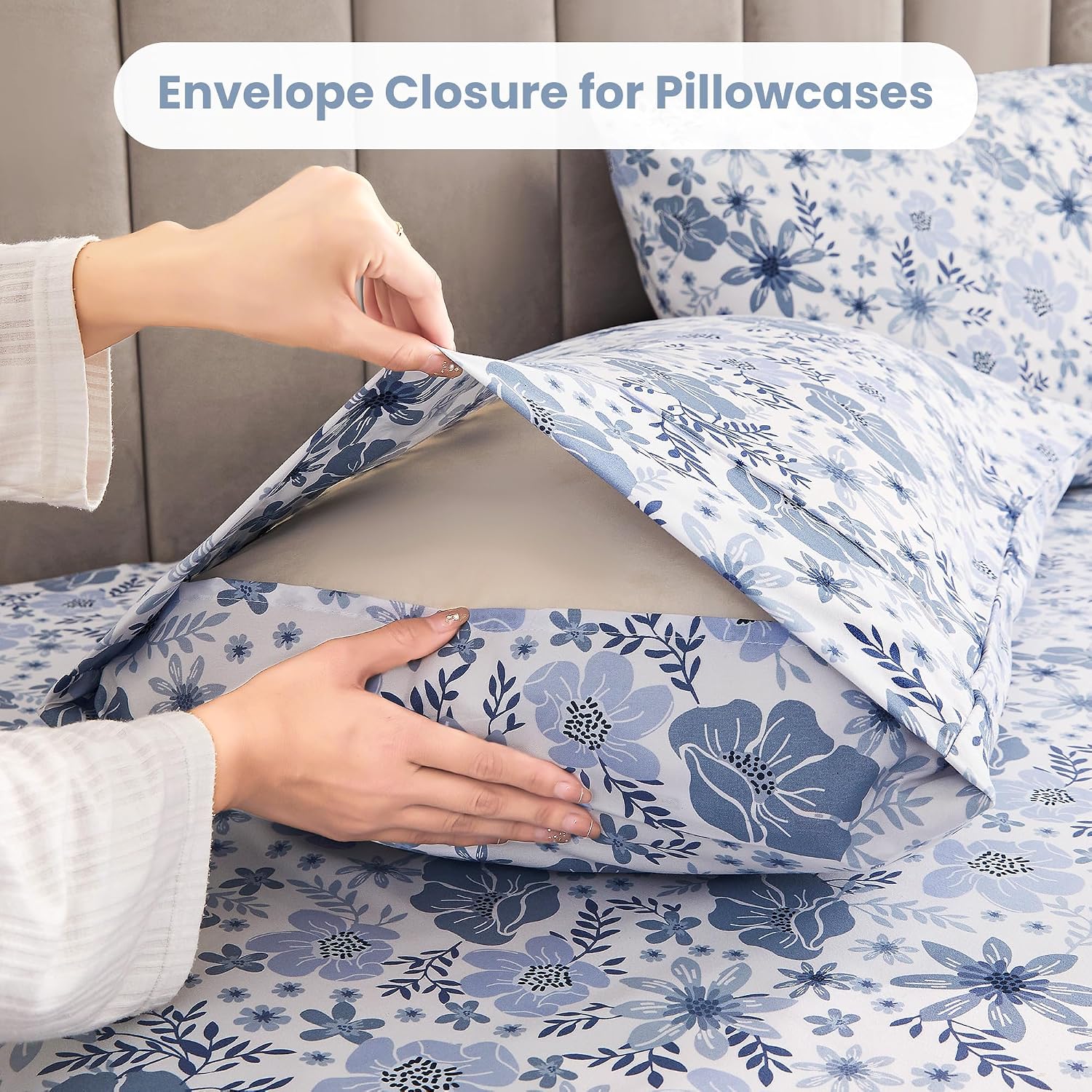 mooreeke Full Size Sheets Set - 4 Piece Soft Breathable Microfiber Bed Sheet Set - Blue & White Flower Pattern Sheet Set Full - Deep Pocket…