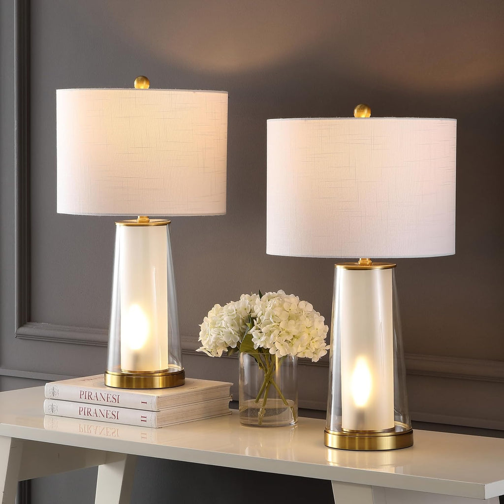 Jonathany JONATHAN Y 26" Clear/Brass Gold Nightlight Table Lamp Set of 2 for Bedroom, Modern Glass Desk Lamps with White Fabric Shade, Farm…
