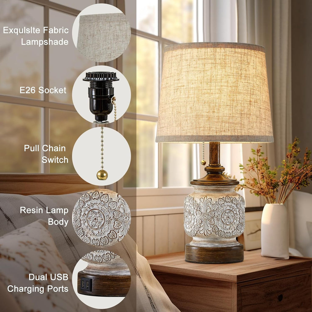 19.5" Farmhouse Bedside Table Lamps Set of 2 Rustic Lamps for Nightstand Bedroom with USB Ports Vintage Traditional White Carved Floral…