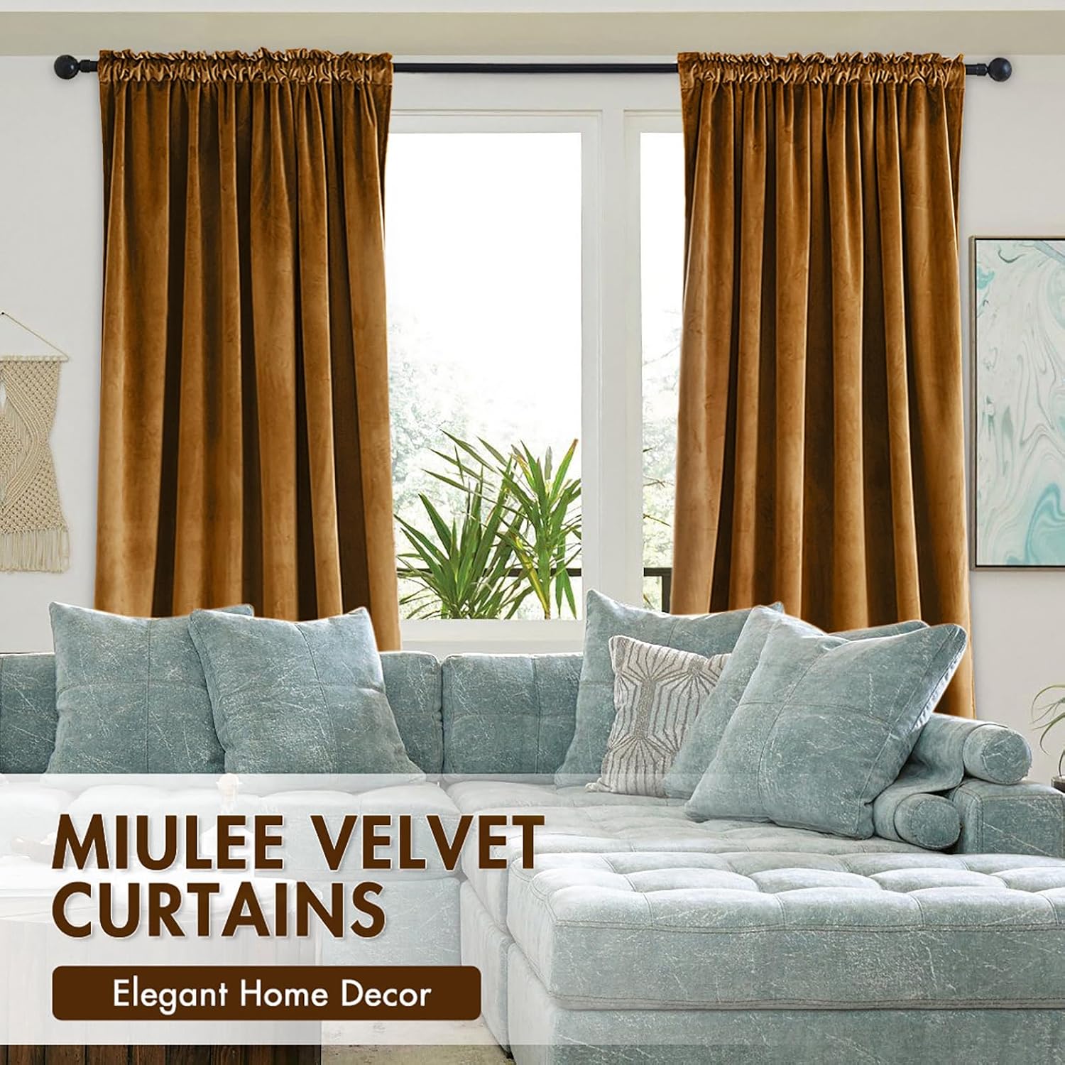 MIULEE Golden Brown Velvet Curtains Thermal Insulated Blackout Curtain Drapes for Bedroom Living Room Darkening 84 Inches Long Curtains…