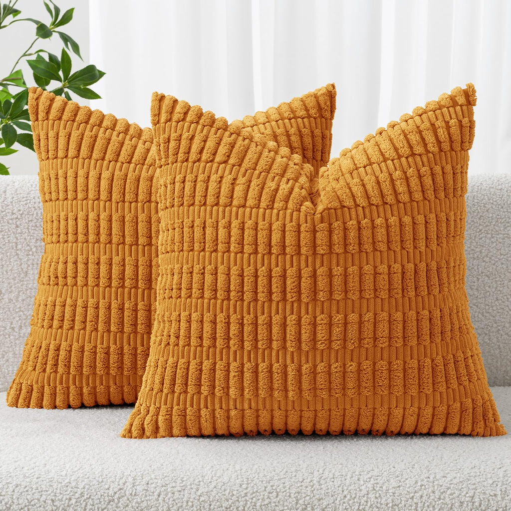 Miulee Pack of 2 Burnt Orange Corduroy Decorative Pillow Covers 18x18 Inch Soft Boho Striped Throw Pillow Covers Modern Farmhouse Home Deco…