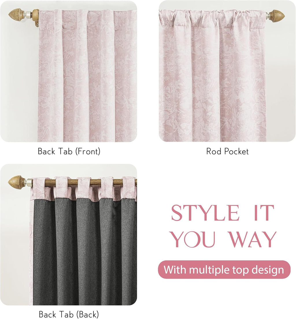 Beauoop Pink Floral Jacquard Blackout Curtains 63 Inches Long 2 Panels for Girls Bedroom Living Room Chenille Flower Room Darkening…
