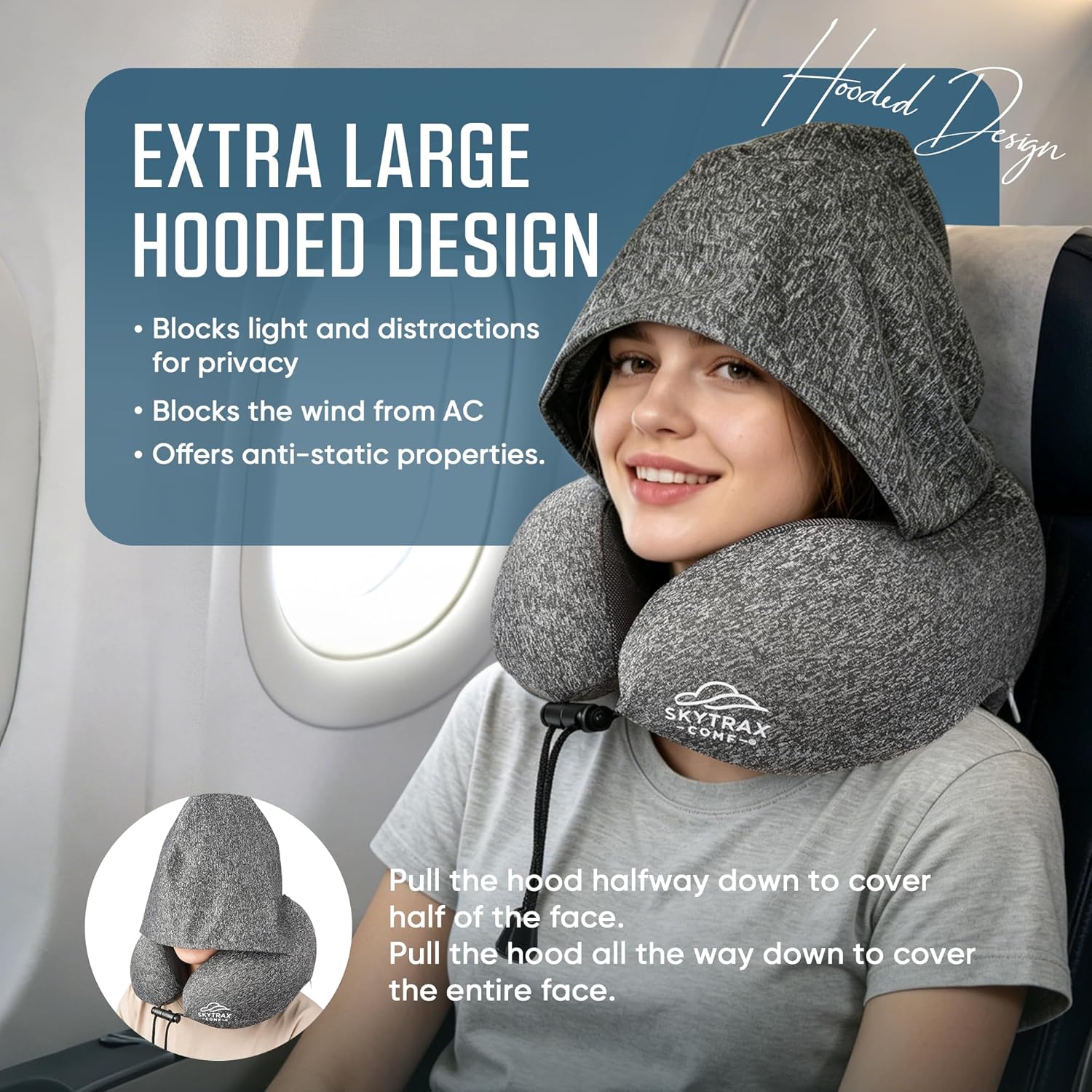 Travel Pillow with Extra Large Hood for Airplane Long Flights Privacy and Comfort Memory Foam with Skin-Friendly Cover for Road Trip…