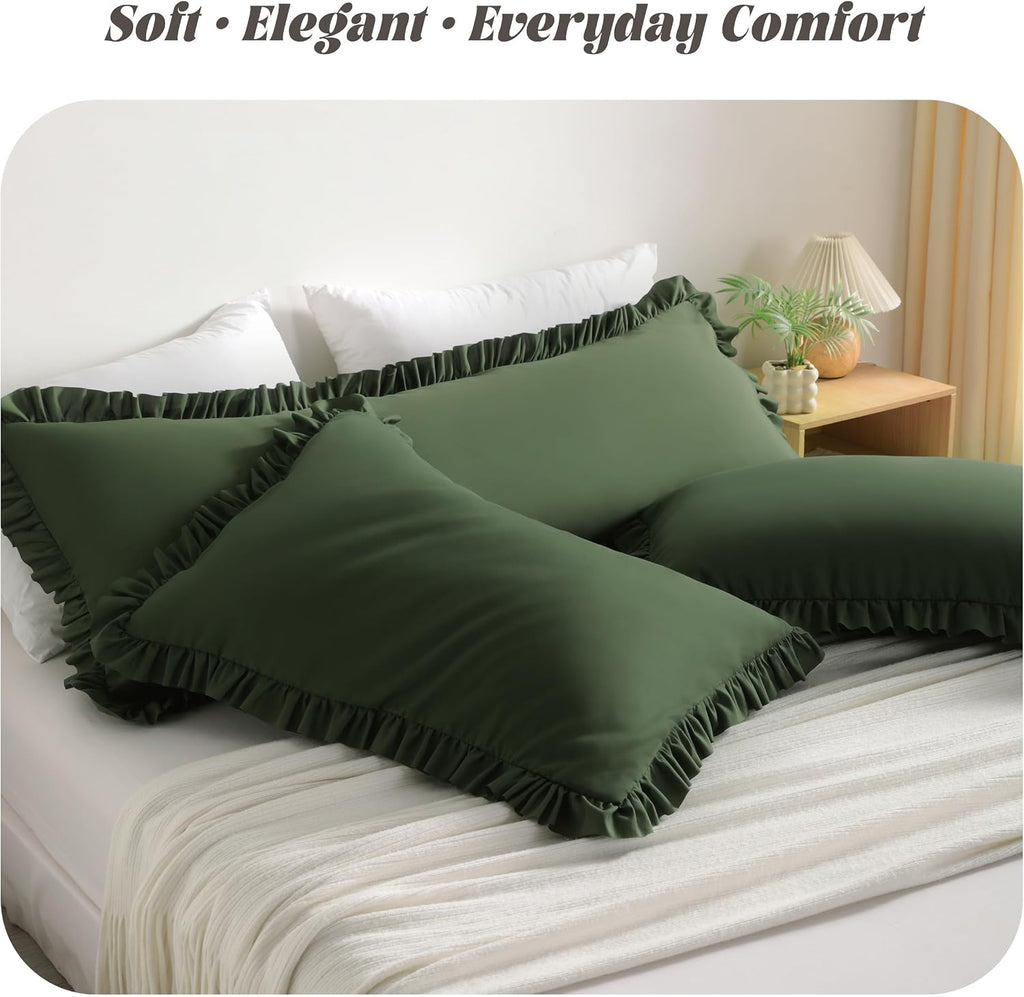 Bedsum Ruffled Pillow Shams Standard 20x26 Set of 2 Brushed Microfiber Pillowcases with Envelope Closure Soft Wrinkle-Resistant Olive Green…