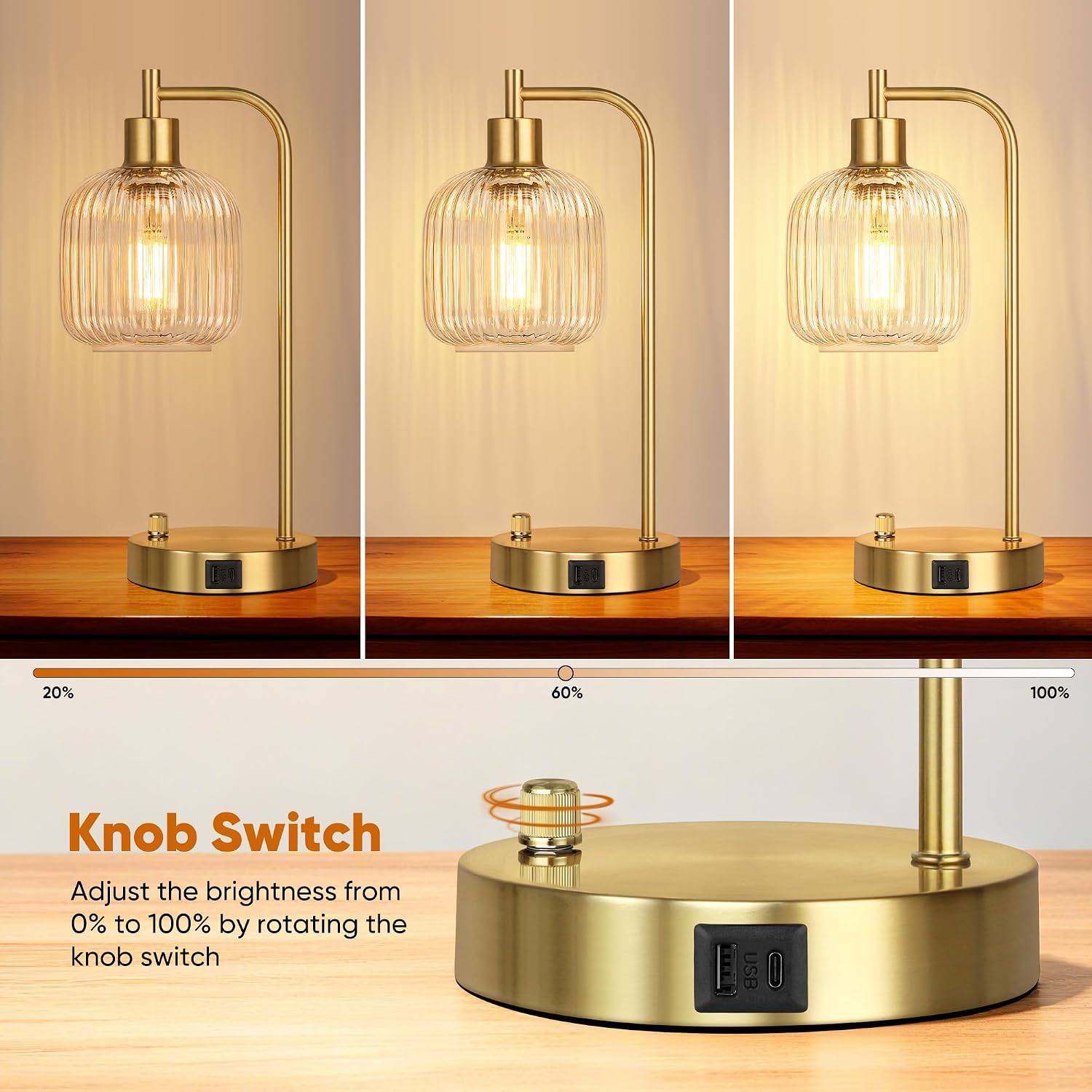 QiMH Industrial Table Lamp for Bedroom Set of 2, Clear Glass Beside Lamp with USB A&C Ports, Stepless Dimmable Gold Lamps, Nightstand…