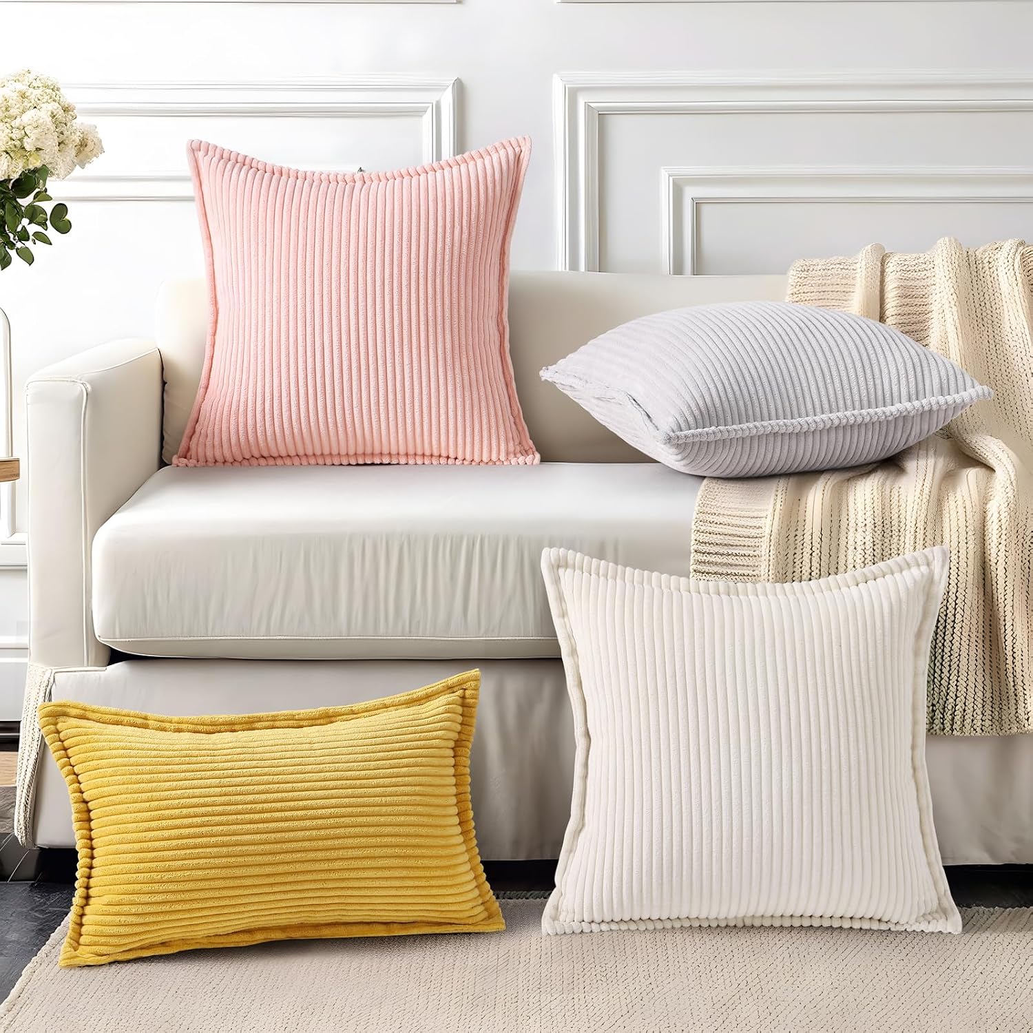 Mecatny Corduroy Summer Throw Pillow Covers 12x20 Set of 2, Neutral Decorative Soft Boho Lumbar Couch Pillow Covers with Broadside for…
