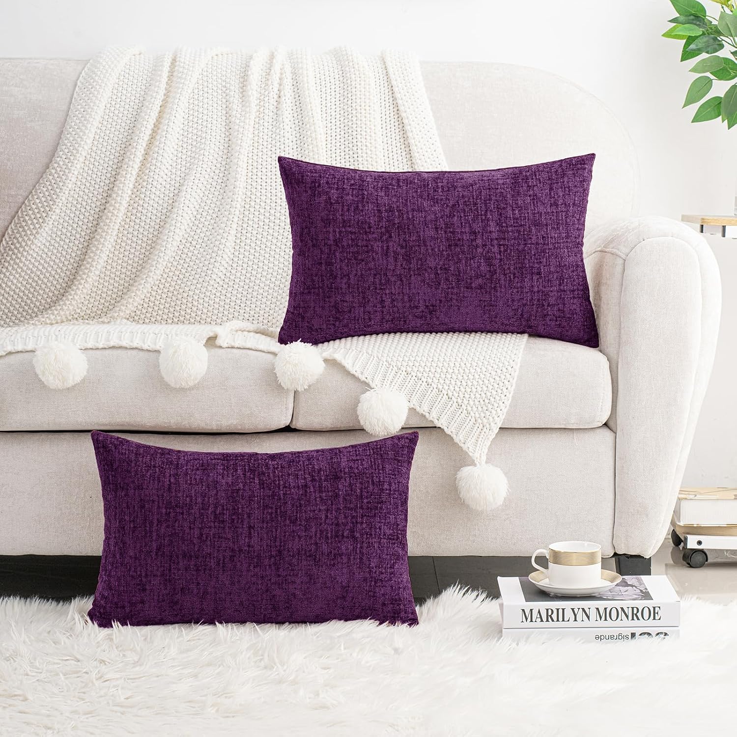 Hwy50 HWY 50 Purple Lumbar Pillow Covers 12x20 Inch Pack of 2, Soft Chenille Decorative Throw Pillow Covers Farmhouse for Couch Sofa Living…