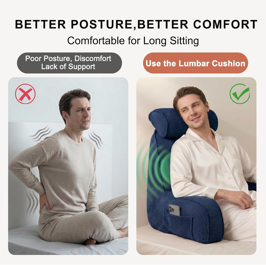 Ailuteie Bed Rest Reading Pillow with Arms & Detachable Headrest, Corduroy Backrest Cushion with Side Pockets & Washable Cover, Support Pil…