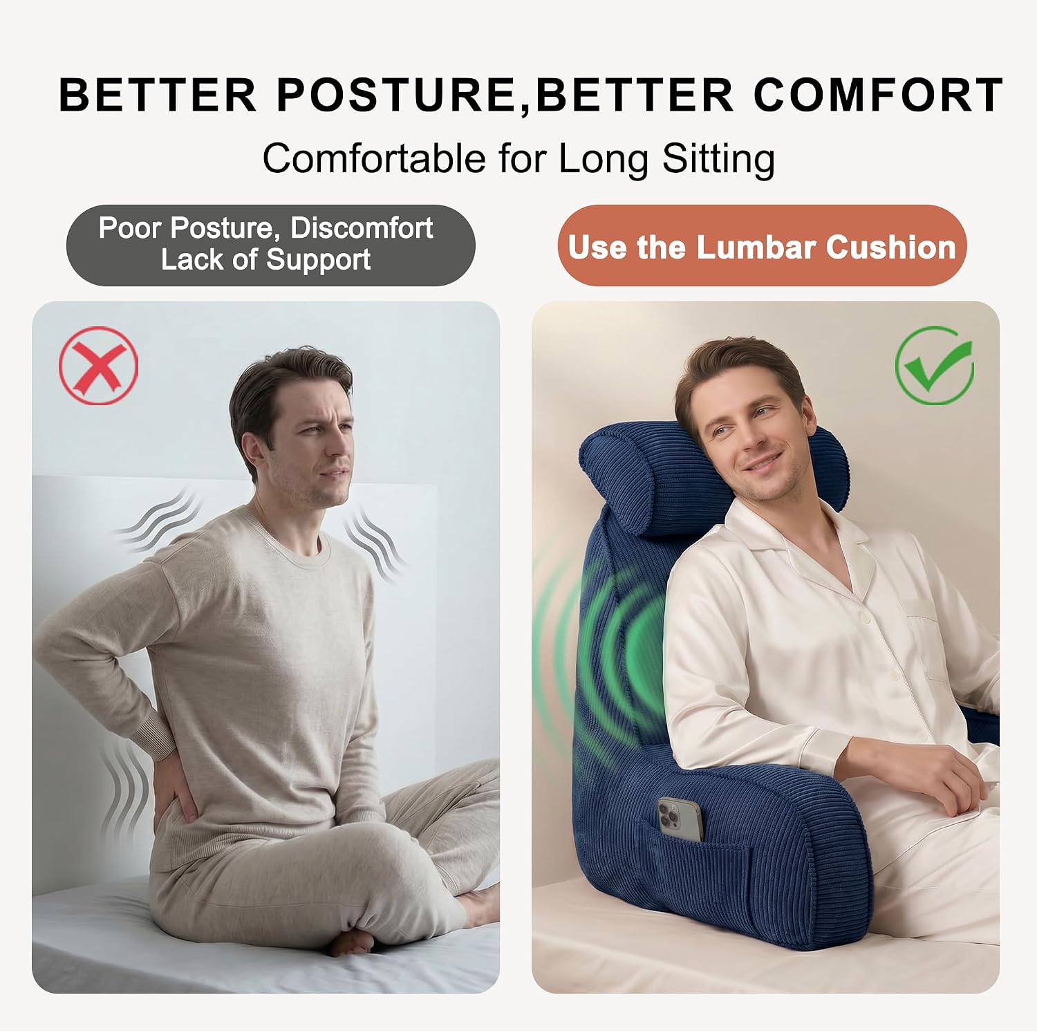 Ailuteie Bed Rest Reading Pillow with Arms & Detachable Headrest, Corduroy Backrest Cushion with Side Pockets & Washable Cover, Support Pil…