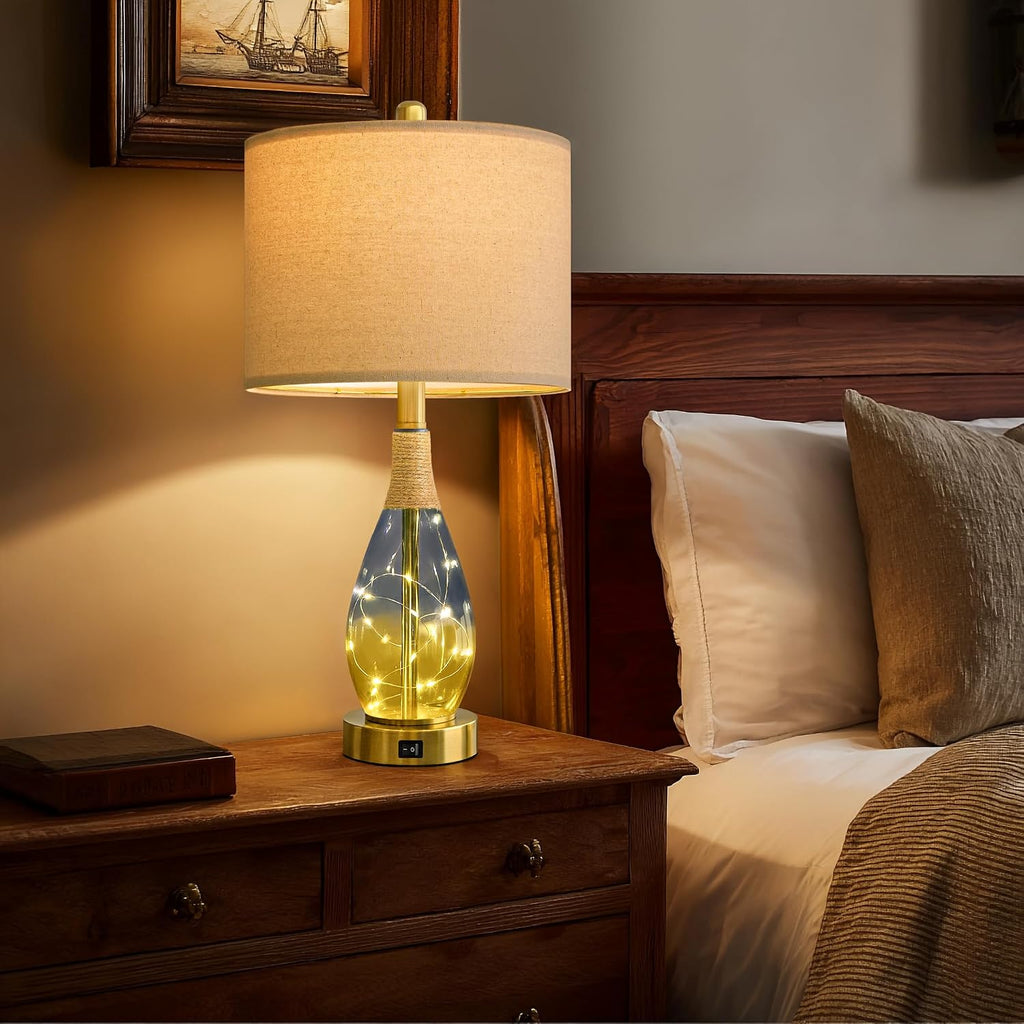 OYEARS 23" Table Lamps for Living Room Set of 2, Bedside Lamps for Night Stands, Rattan Lamps for Bedroom, Farmhouse Lamps with Glass…