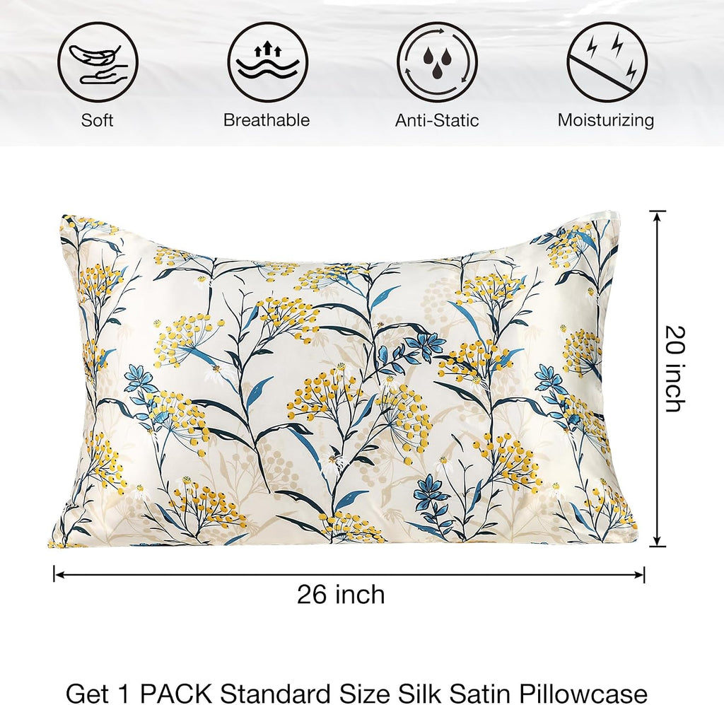 MANSPHIL Sand Floral Botanical Silk Pillow Cases Standard, Printed 22 Momme Mulberry Silk Top with Satin Underside Pillowcase for Hair…
