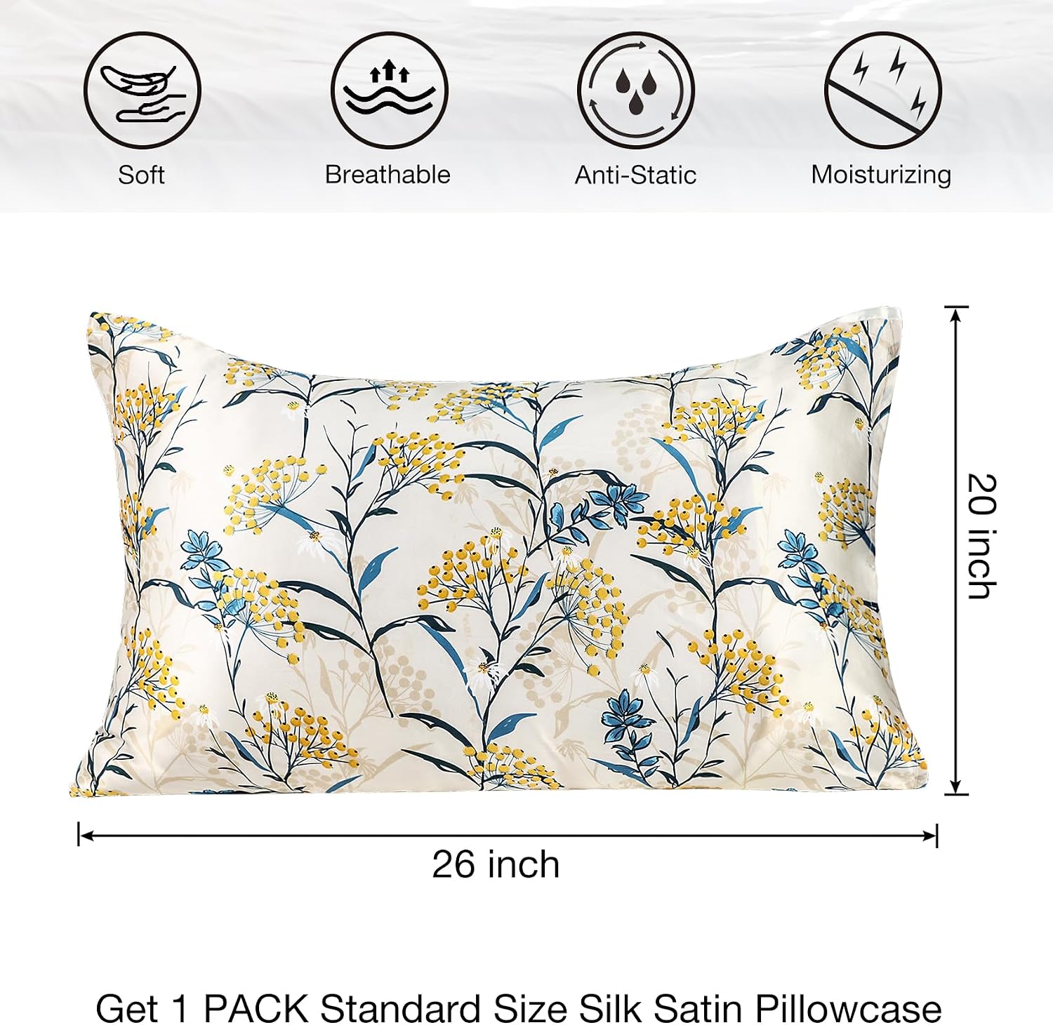 MANSPHIL Sand Floral Botanical Silk Pillow Cases Standard, Printed 22 Momme Mulberry Silk Top with Satin Underside Pillowcase for Hair…