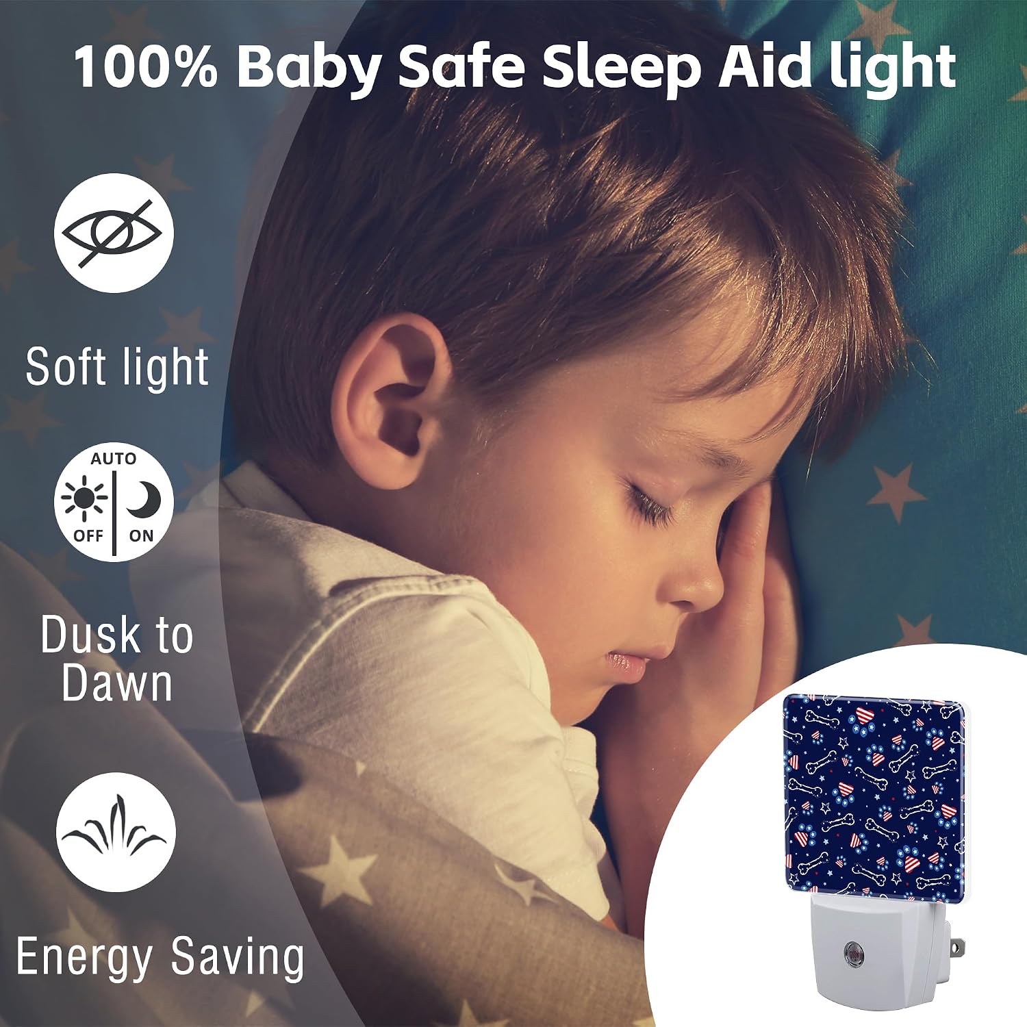 USA Flag and Paw Prints Night Light Plug into Wall, Cute American Patriotic Dog Prints Dusk to Dawn Night Light Plug in,0.5w Energy…