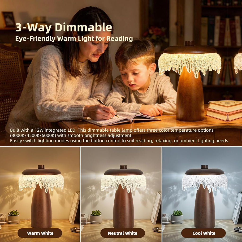 Wood LED Table Lamp,3 Color Temperature Table Lamps,12W Modern Table Lamp Plug-in Bedside Lamp for Bedroom, Nightstand, Living Room