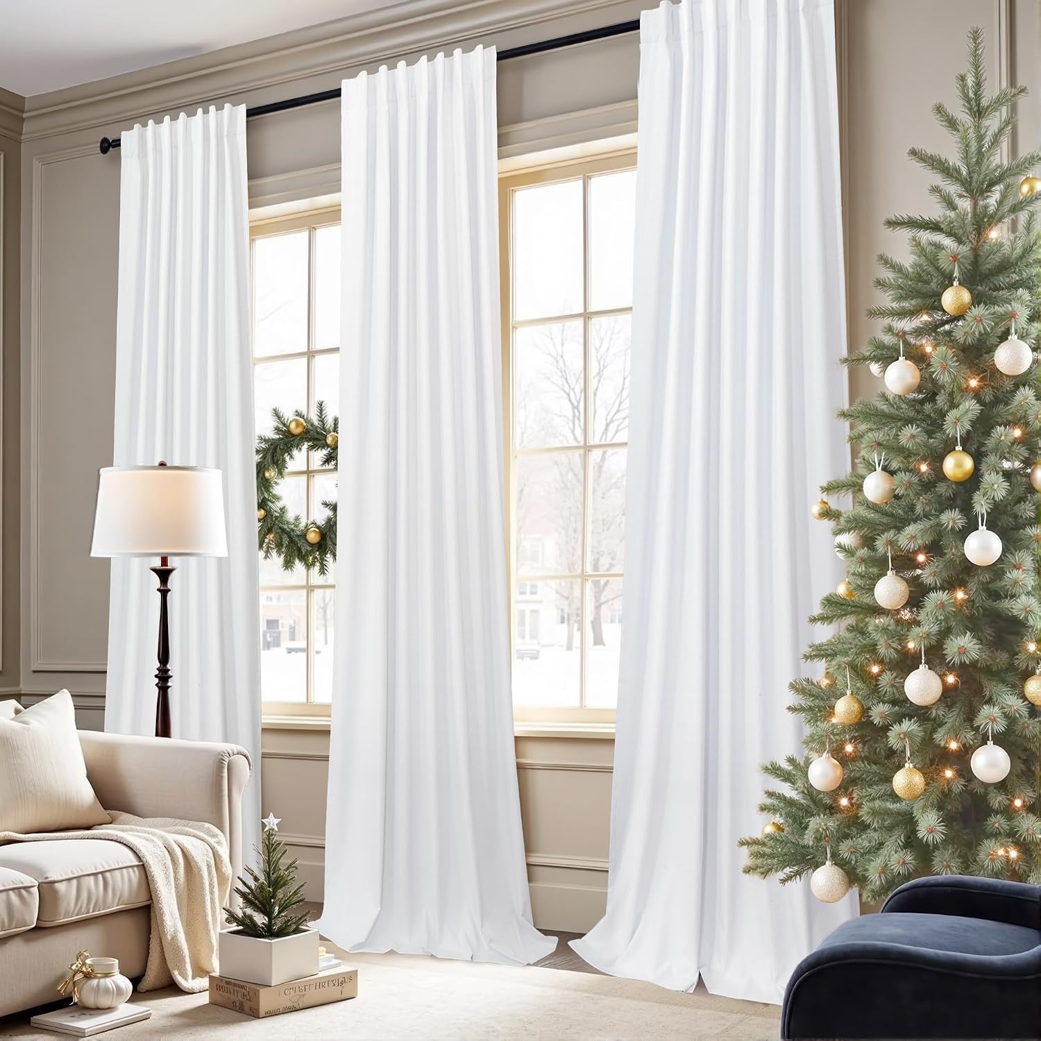 Pitalk White Linen Complete Blackout Curtains 48 Inch Length for Kids Room 2 Panels Light Blocking Thermal Insulated Cold Reducing Noise Re…
