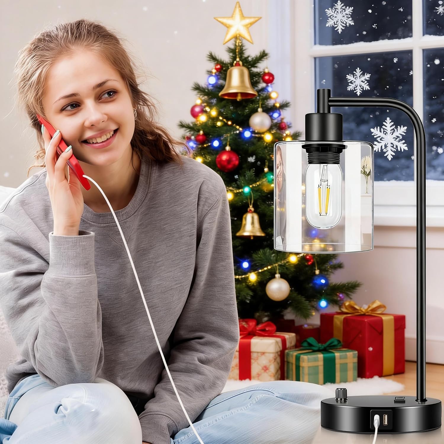 Industrial Table Lamp with USB A+C Ports and Outlet, Fully Stepless Dimmable Modern Nightstand Lamp, Glass Shade Bedside Desk Lamp for…