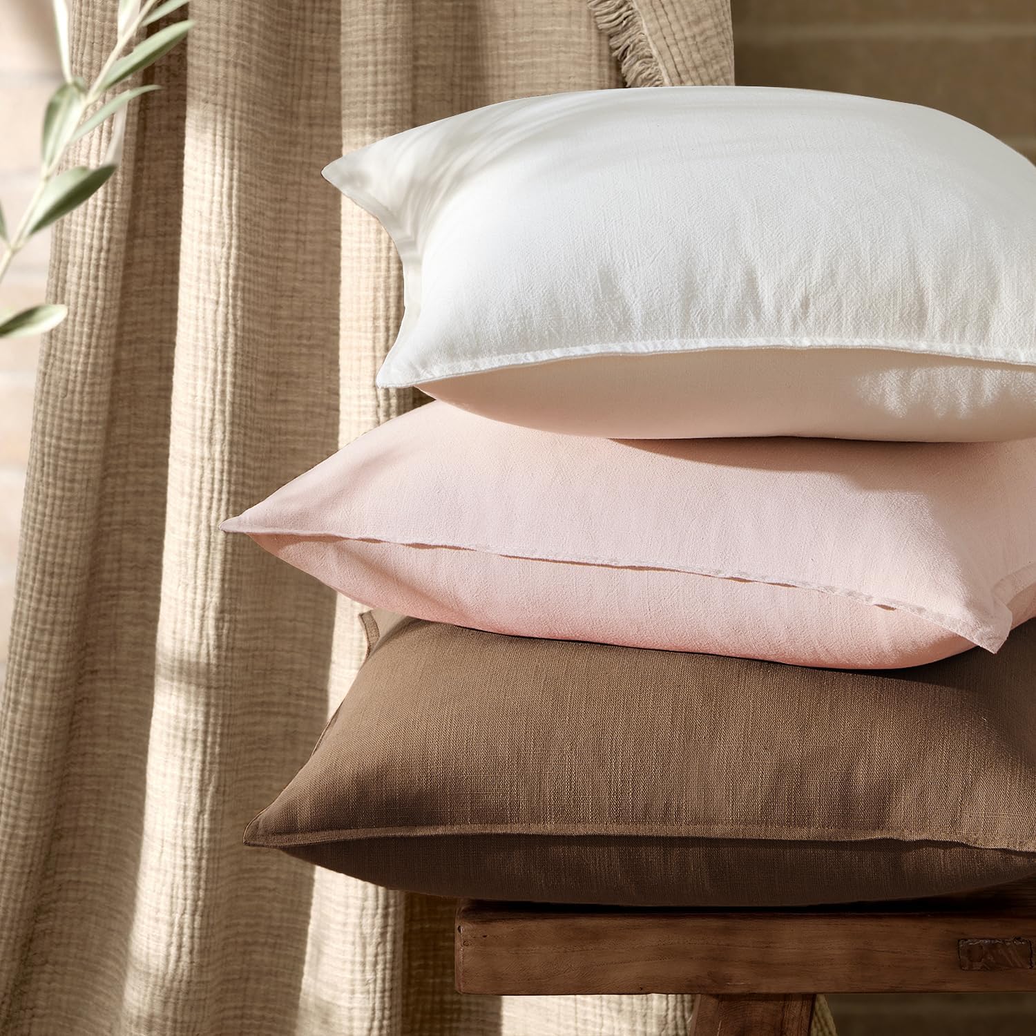 Anroduo Pack of 2 Decorative Linen Pillow Covers Cream White Euro Sham Neutral Farmhouse Boho Soild Cushion Case Soft Accent Pillowcase for…