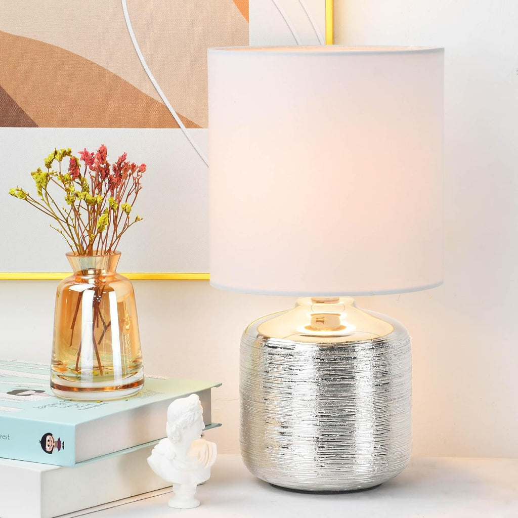Beno Small Table Lamp, Modern Ceramic Base, Off White Fabric Shade, Bedside Lamp for Bedroom, Living Room, Kids Room, 11.81 Inch Height…