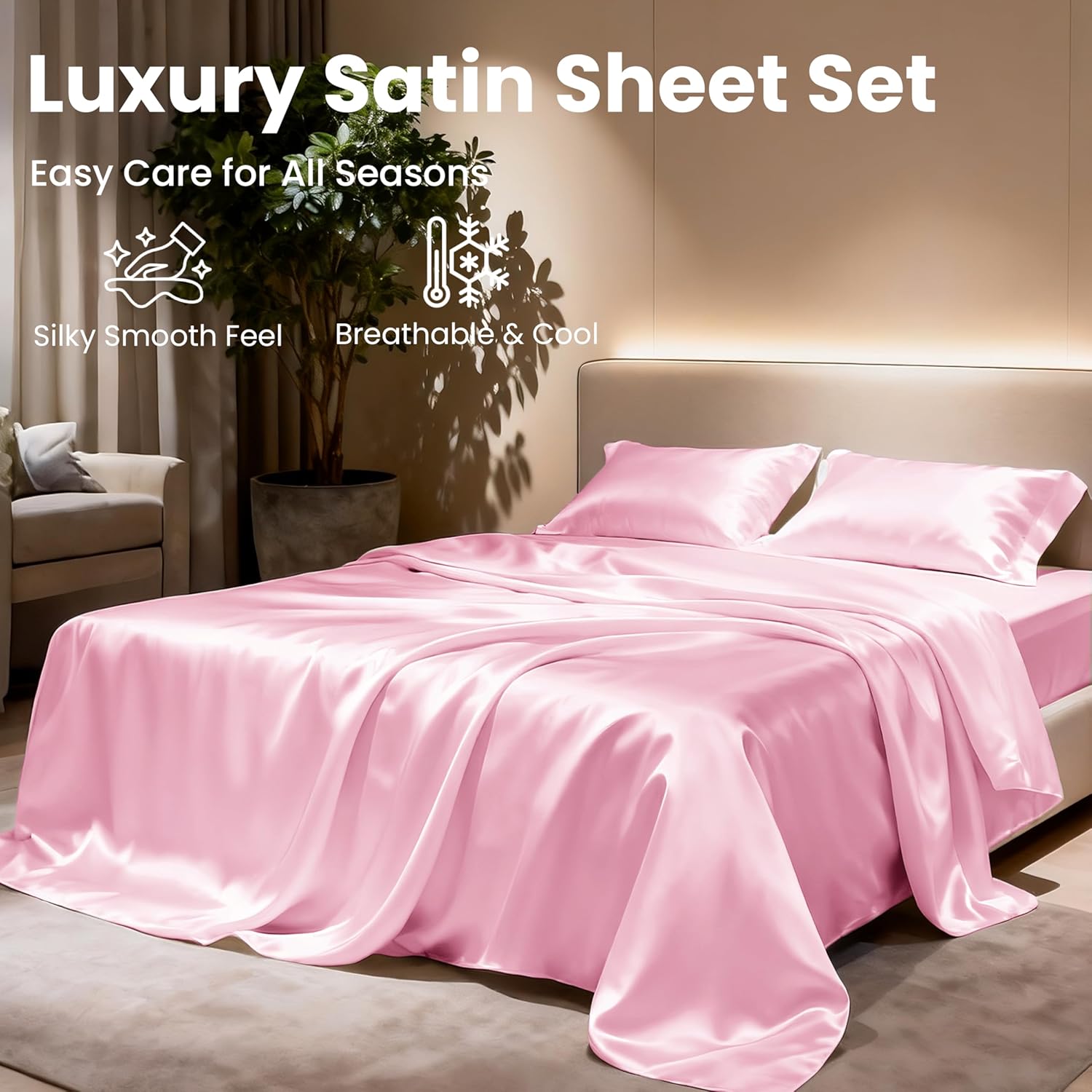 Lovescabin Love's cabin 4Piece California King Satin Bed Linen Set, Pink Silky Satin Sheets, Deep Pocket, Luxury Silk Feel, 1 Flat, 1 Fitte…