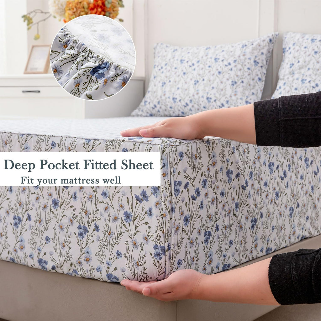 FADFAY 100% Cotton Percale Sheet Set Queen – Blue Meadow Floral Bedding, Vintage Wildflower Botanical Sheets, Soft Breathable Deep Pocket…