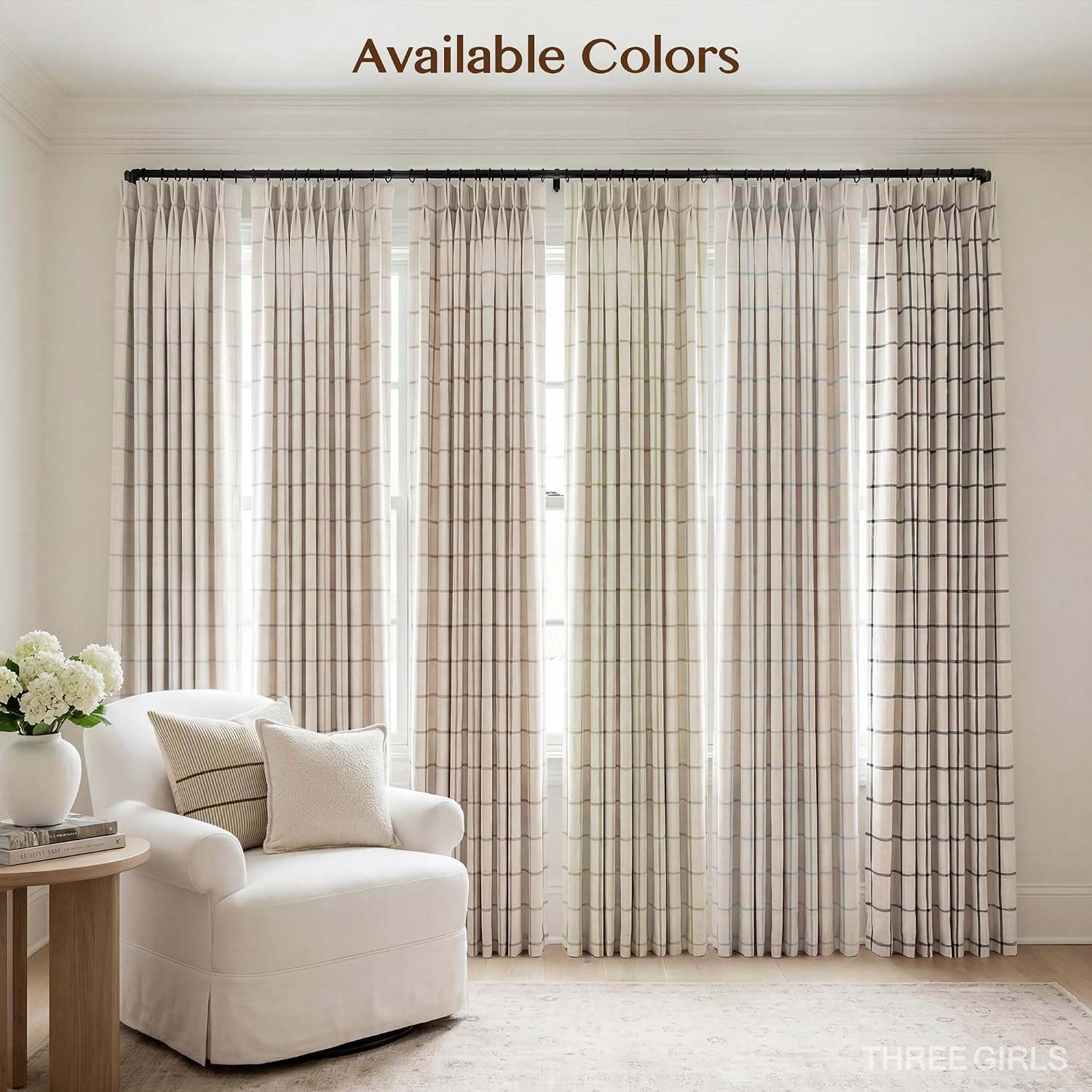 Threegirlshome THREE GIRLS Pinch Pleated Plaid Curtains Blackout Linen Gingham Brown Curtains for Living Room, Bedroom Checkered 84 Inches L…