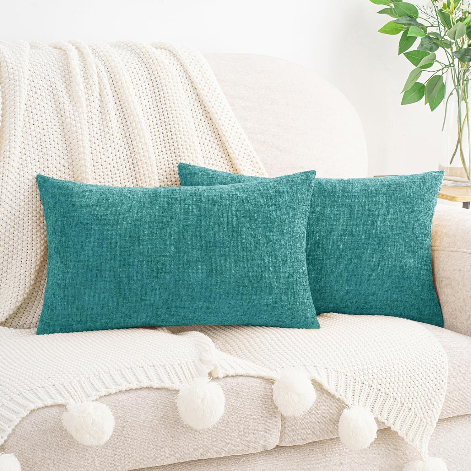 Hwy50 HWY 50 Teal Lumbar Pillow Covers 12x20 Inch Pack of 2, Soft Chenille Decorative Throw Pillow Covers Farmhouse for Couch Sofa Living R…