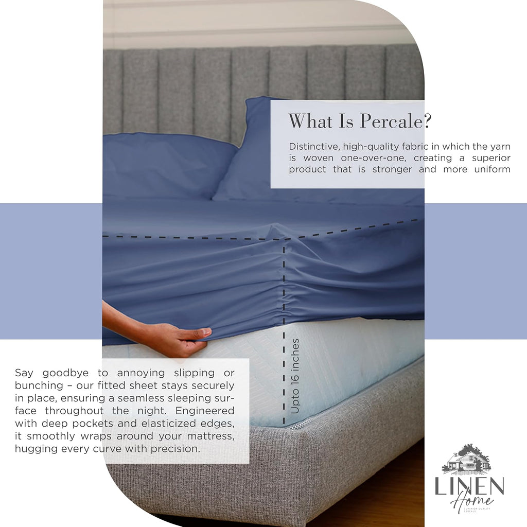 Linen Home 100% Cotton Percale Twin Sheets 3-Piece Set, Soft Breathable & Cooling Bed Linen, Deep Pocket 16", Crisp Hotel Quality, Dark Blue