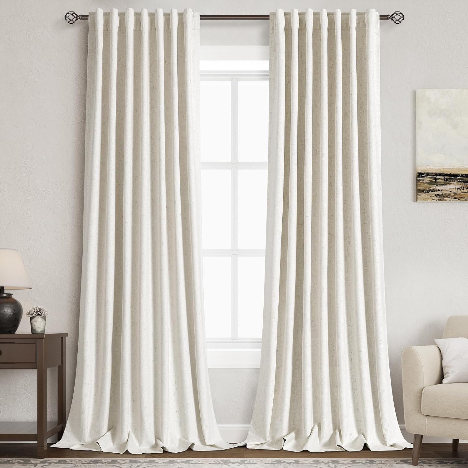 Nanspring Beige White 100% Blackout Linen Curtains 108 Inches Long for Bedroom Back Tab Thermal Insulated Modern Farmhouse Decor Black Out…
