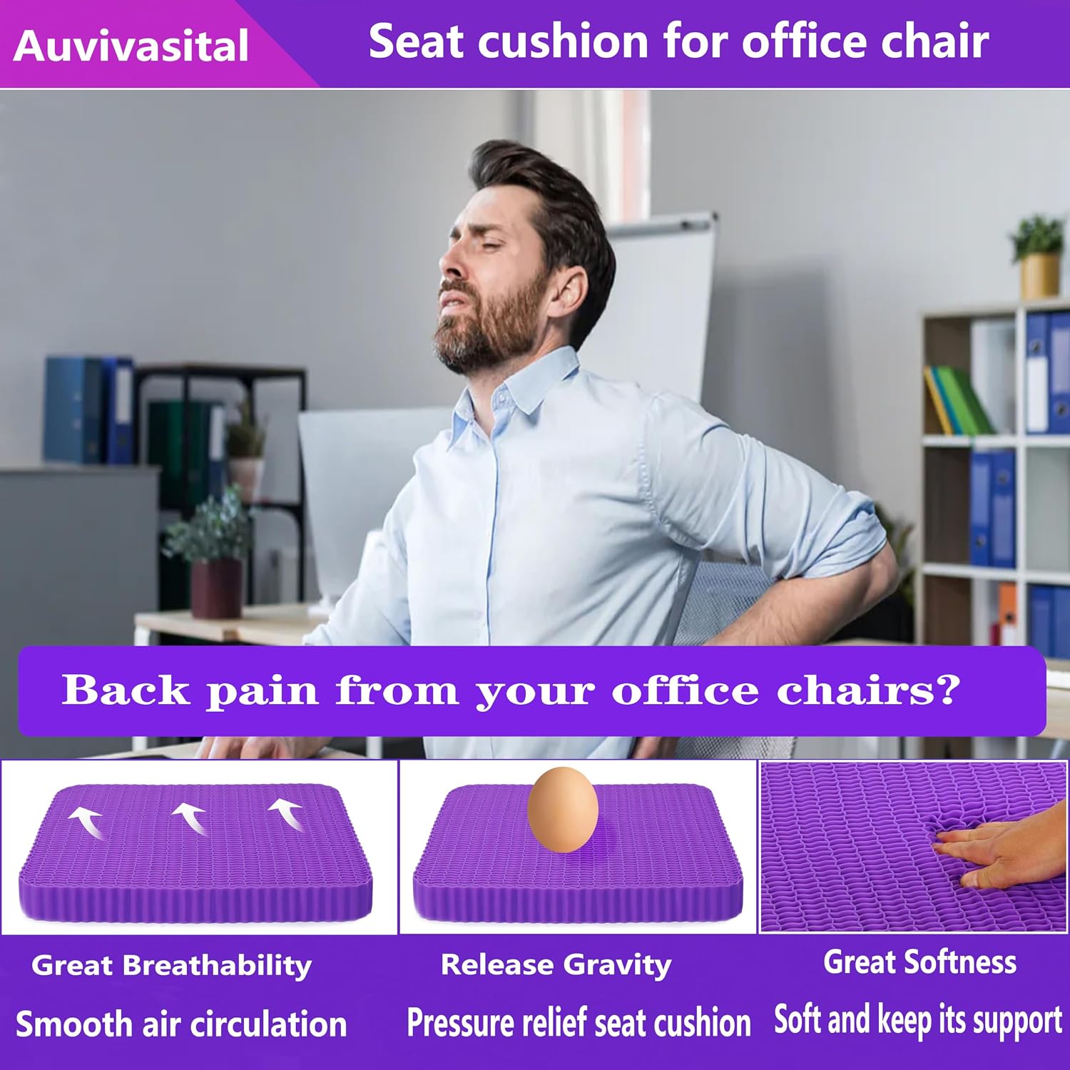 Auvivasital Innovative Gel Seat Cushion for Long Sitting, Soft and Breathable, Seat Cushion for Back, Sciatica, Hip, Tailbone, Used…