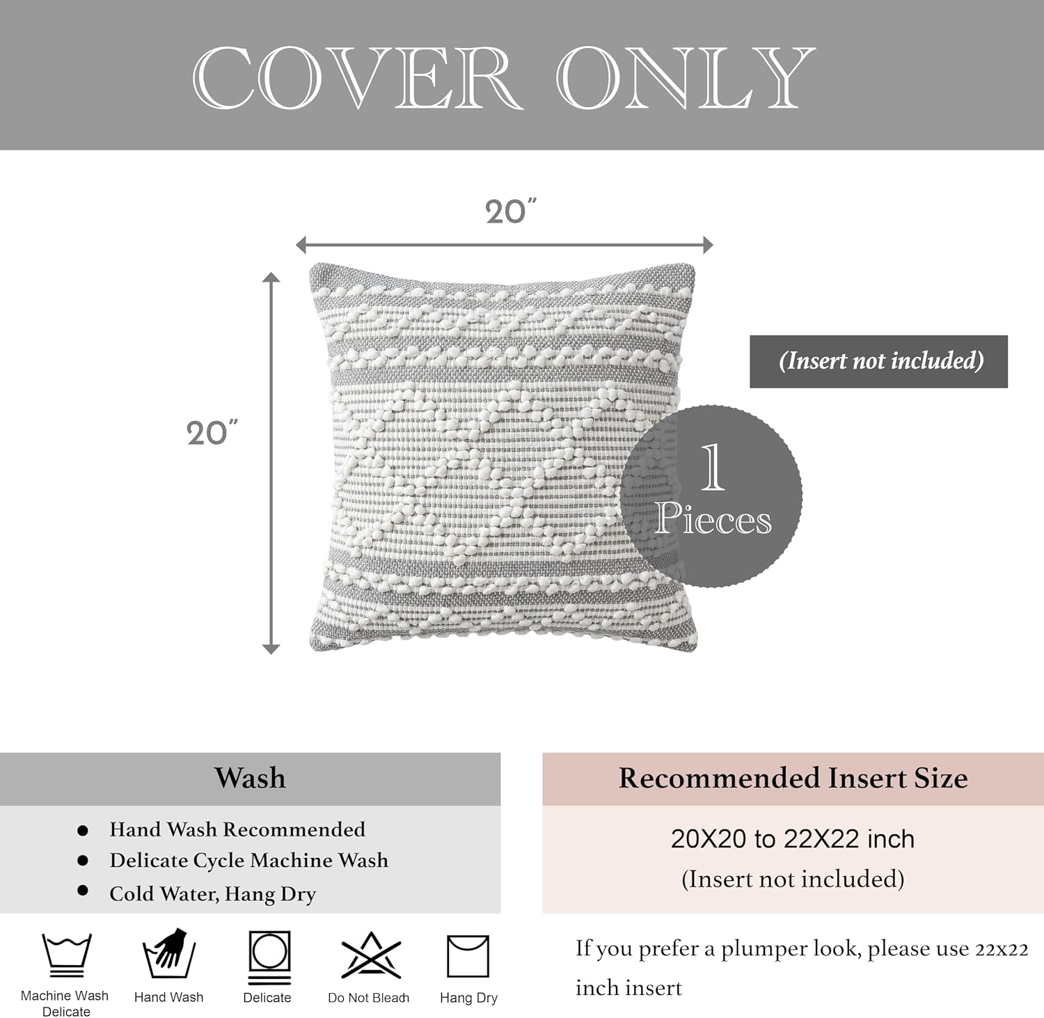 BlissBlush Gray White Decorative Throw Pillow Cover 20X20, Boho Accent Pillow for Couch, Square Modern Farmhouse Pillowcase for Living…
