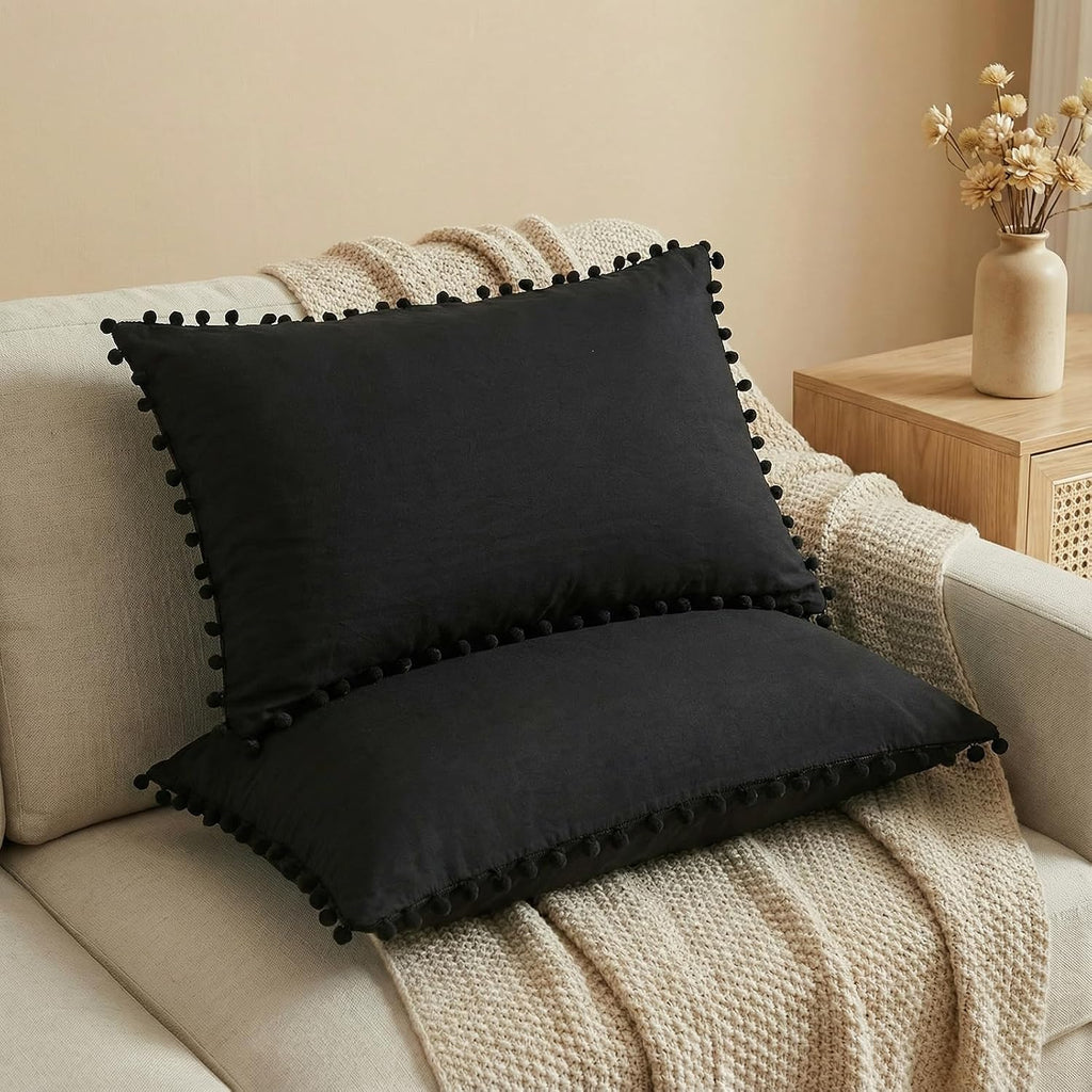 Moveover Black Pom Poms Pillowcases, Black Queen Pillow Cases Set of 2, 100% Washed Microfiber, Ball Fringe Pillow Cover, 2 Pack 2 Pack Bla…