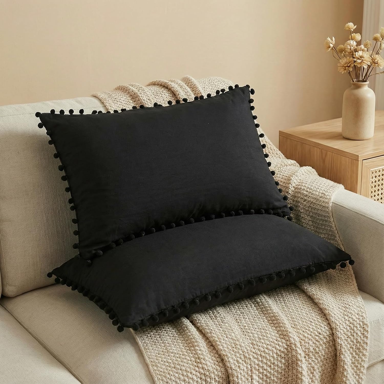 Moveover Black Pom Poms Pillowcases, Black Queen Pillow Cases Set of 2, 100% Washed Microfiber, Ball Fringe Pillow Cover, 2 Pack 2 Pack Bla…