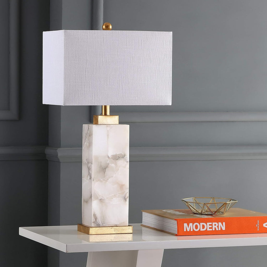 JONATHAN Y 27.5" White/Gold Modern Alabaster Rectangular Table Lamp with Night Light Contemporary Coastal Bedside Lamp for Bedroom with…