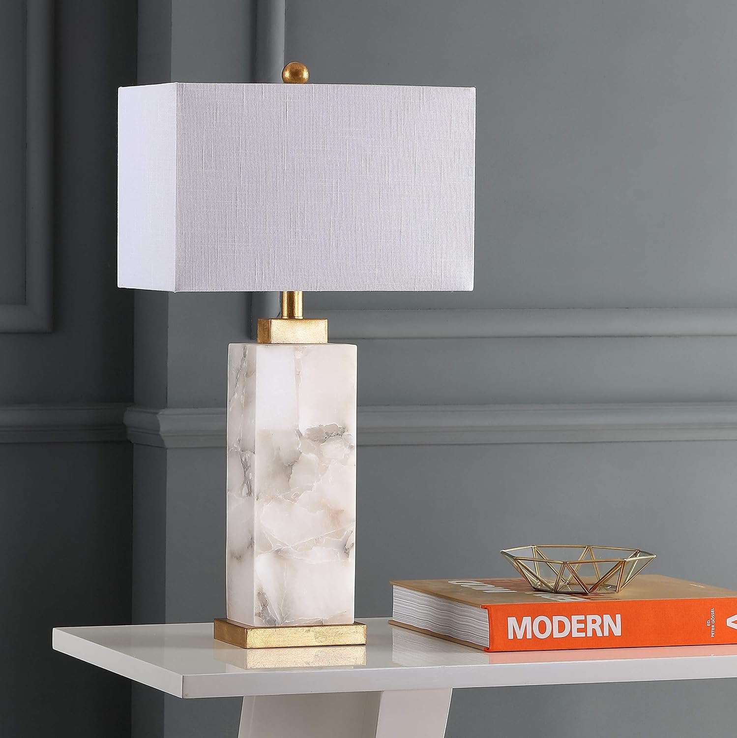 JONATHAN Y 27.5" White/Gold Modern Alabaster Rectangular Table Lamp with Night Light Contemporary Coastal Bedside Lamp for Bedroom with…
