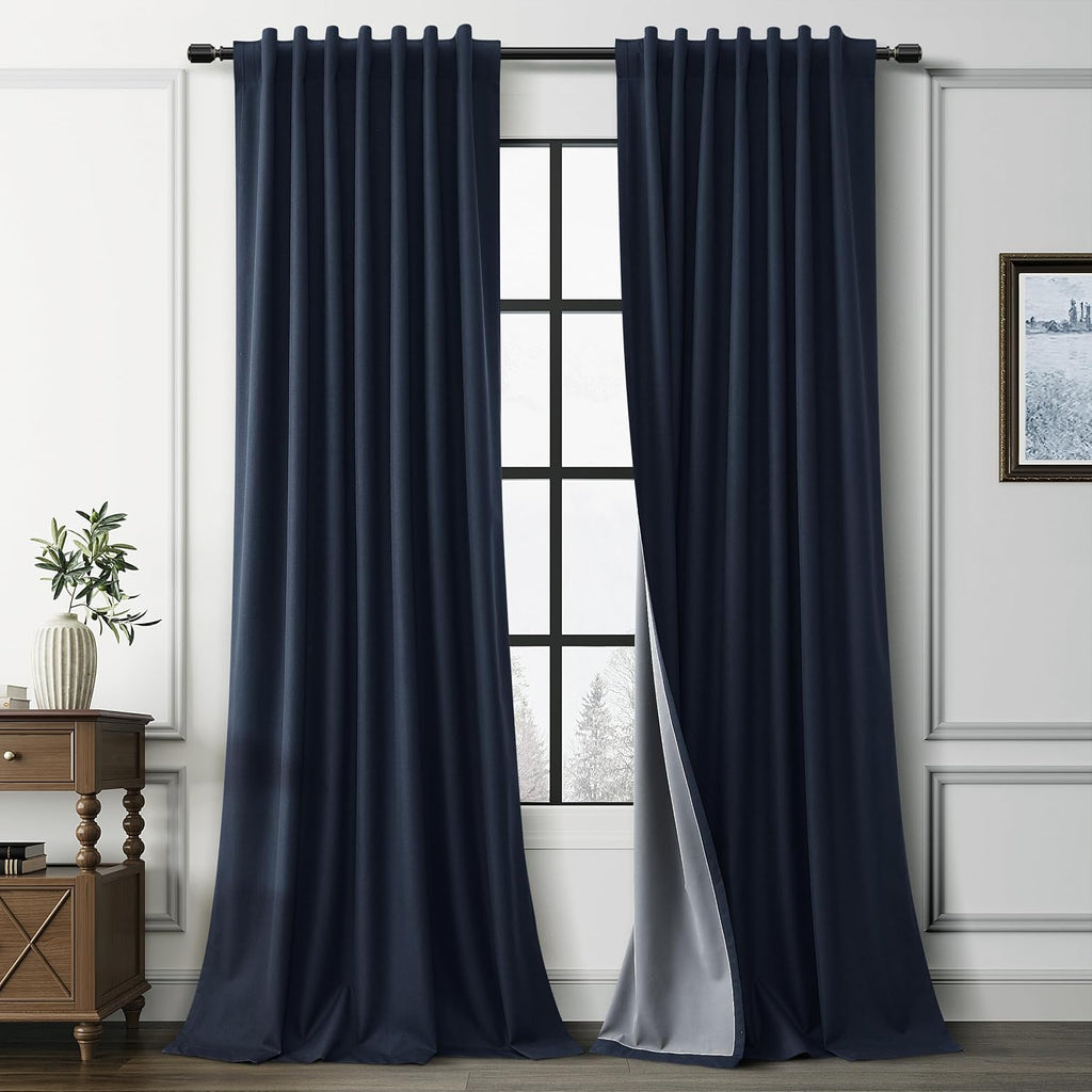 Guken Navy Blue 100% Blackout Linen Curtains for Living Room 84 Inches Long 2 Panel Sets Elegant Textured Back Tab Hook Belt Room Darkening…